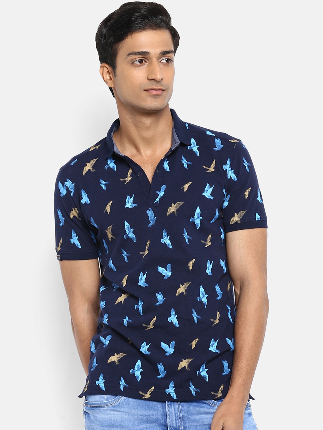 

Mufti Men Navy Blue Printed Polo Collar Pure Cotton T-shirt