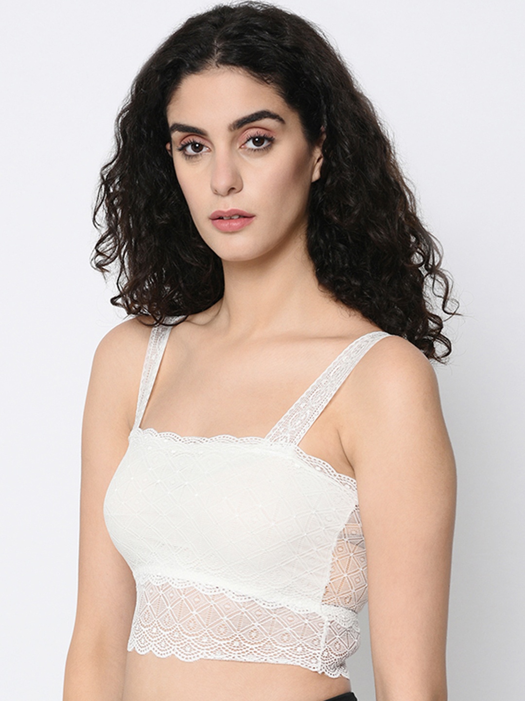 

Da Intimo White Self Design Lace Non-Padded Non-Wired Bralette Bra DI-1235