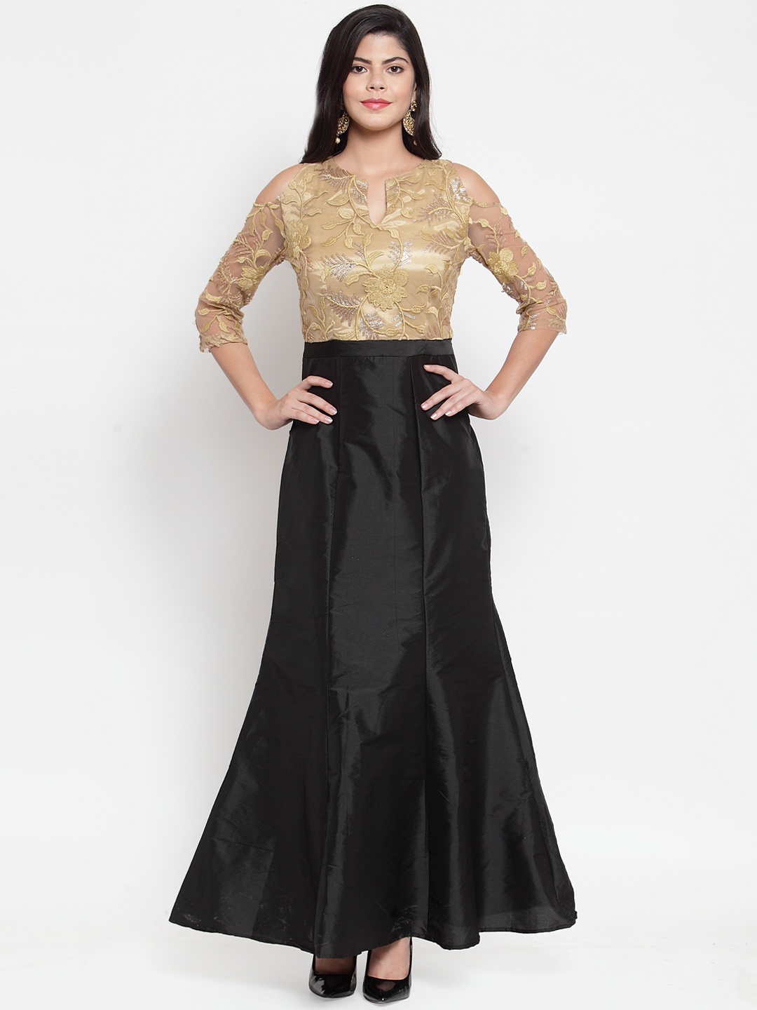 

Just Wow Women Black & Beige Embroidered Maxi Dress