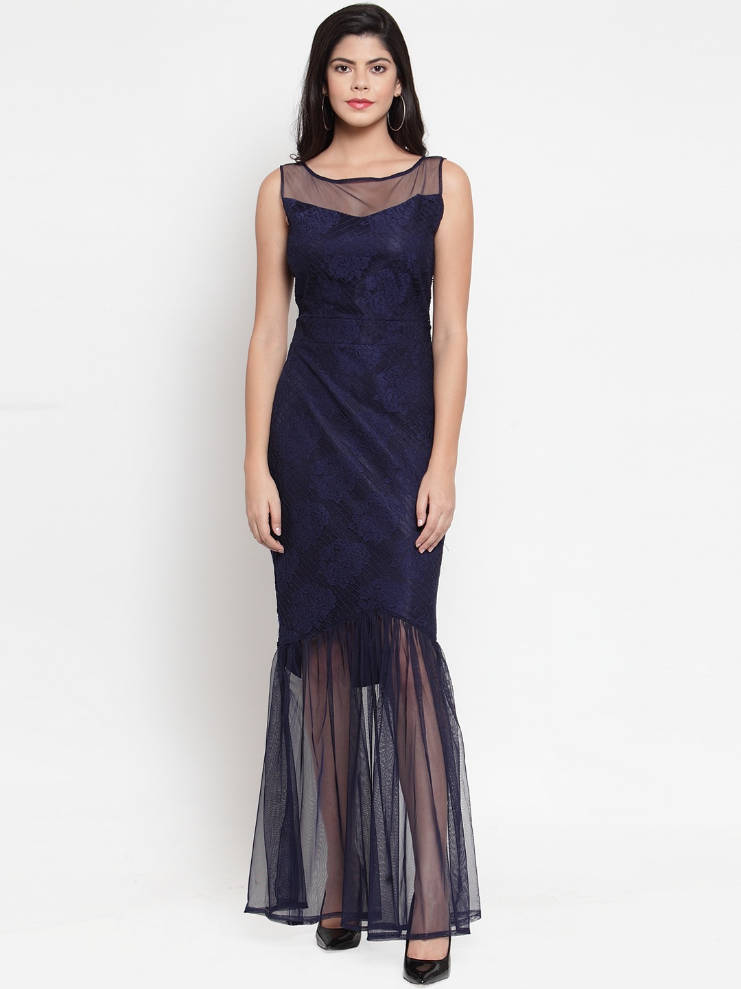 Just Wow Women Navy Blue Floral Embroidered Maxi Dress