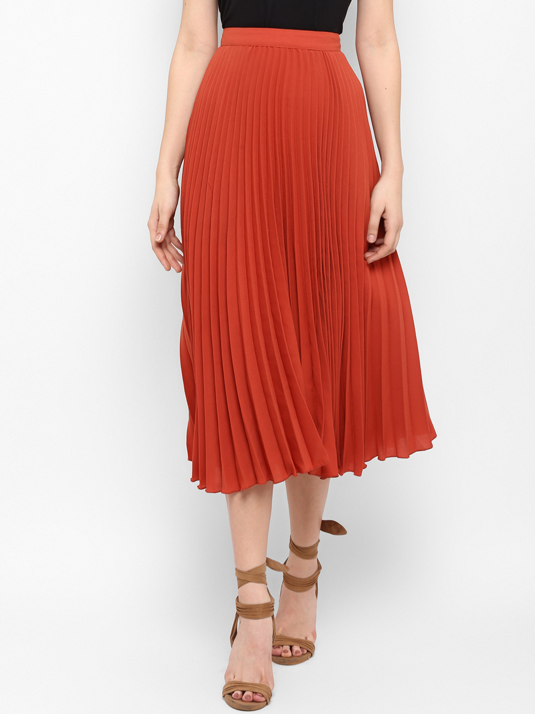 

MIAMINX Women Rust Red Solid Pleated Skirt