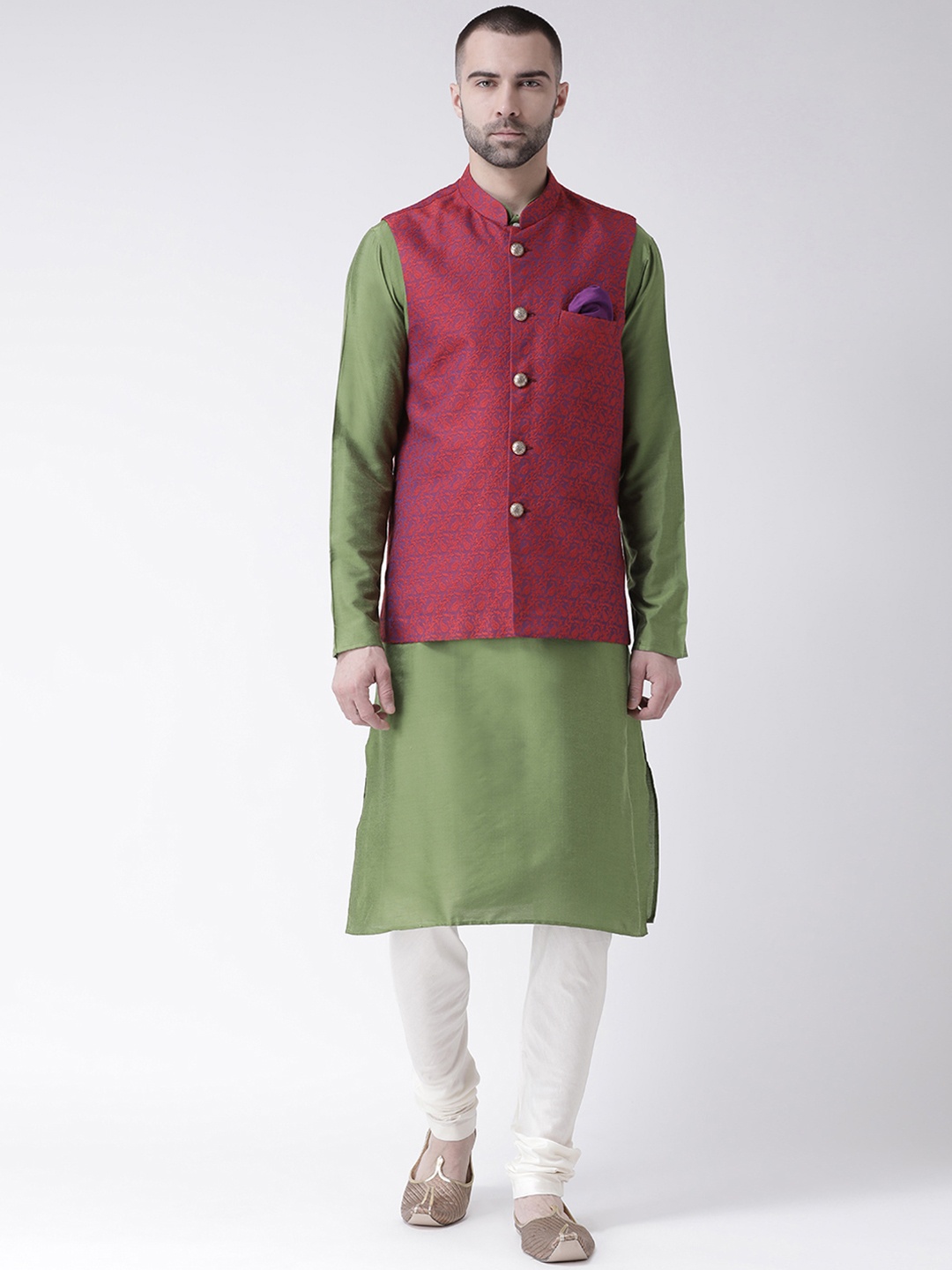 KISAH Men Green & Cream-Coloured Self Design Kurta with Churidar & Nehru Jacket