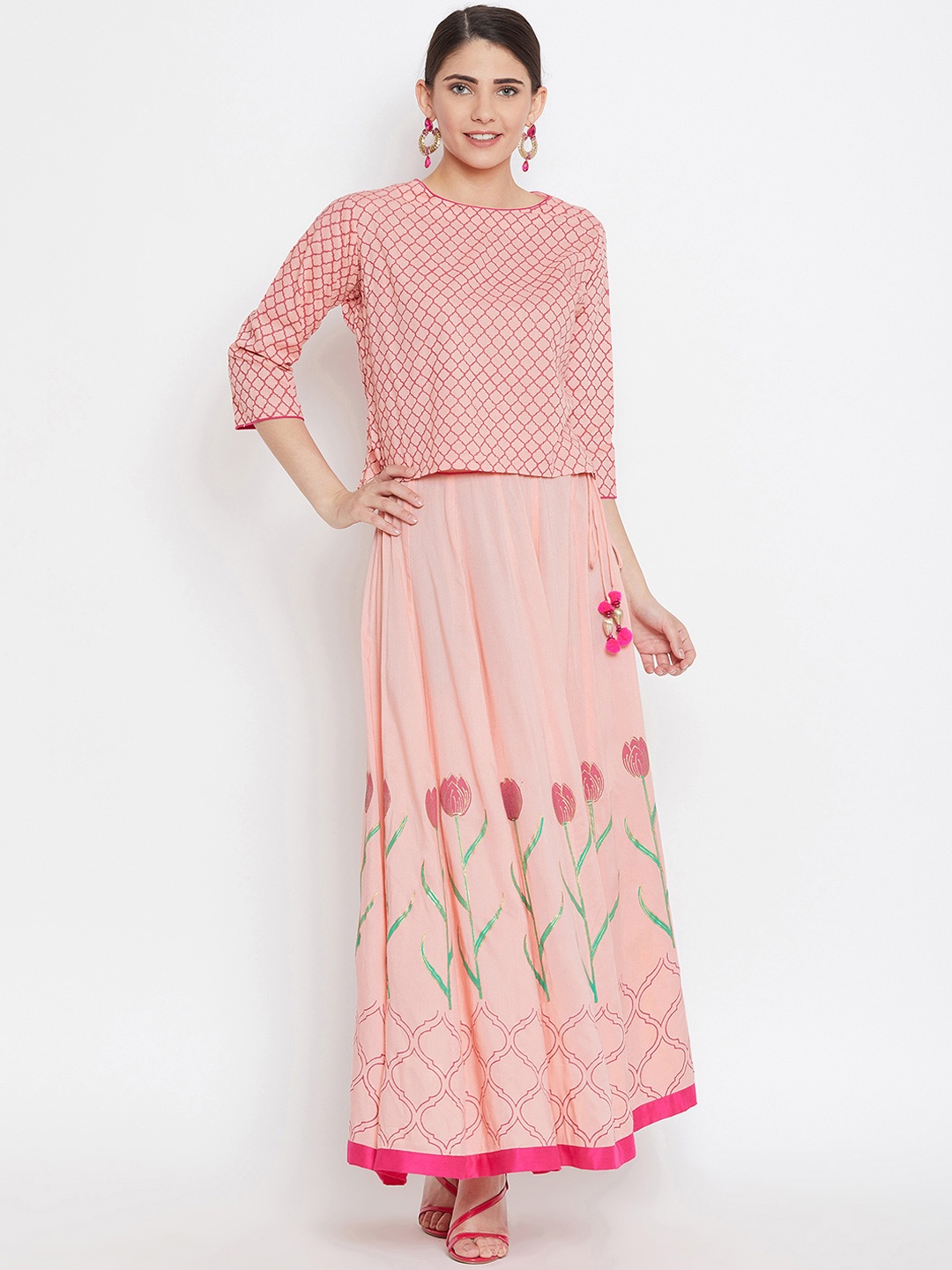 

Bitterlime Women Pink Self Design Top with Skirt