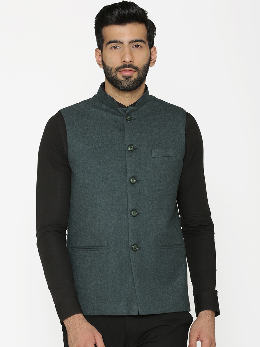 

Wintage Men Green Solid Nehru Jacket
