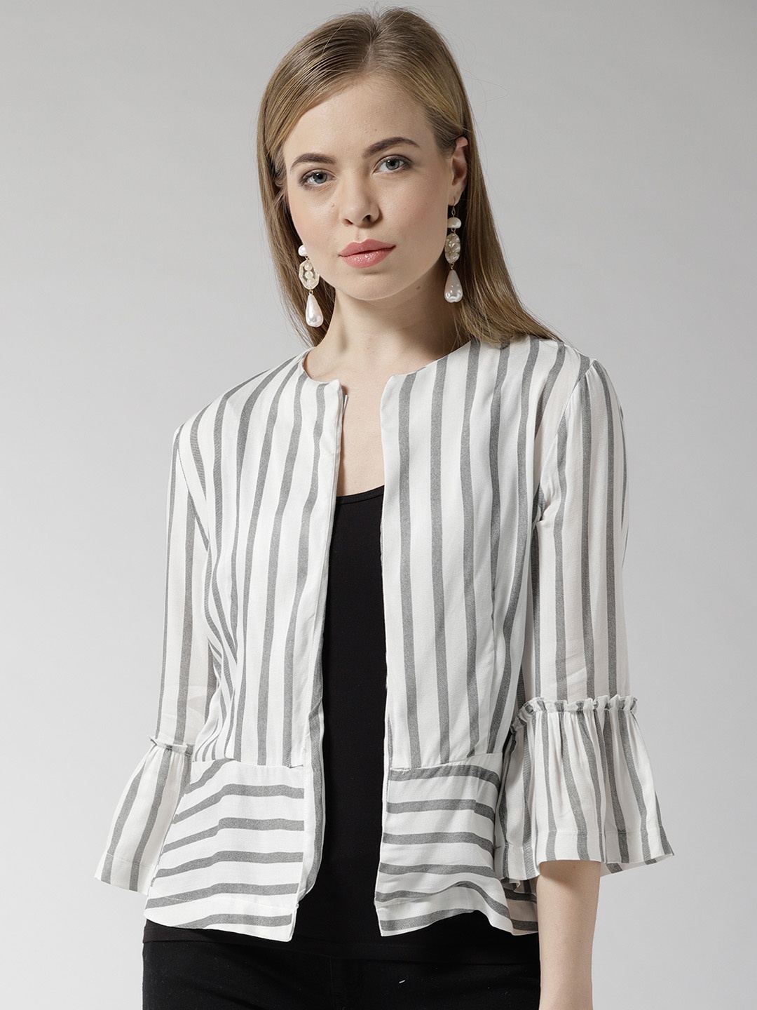 

Sera White & Grey Striped Open Front Shrug
