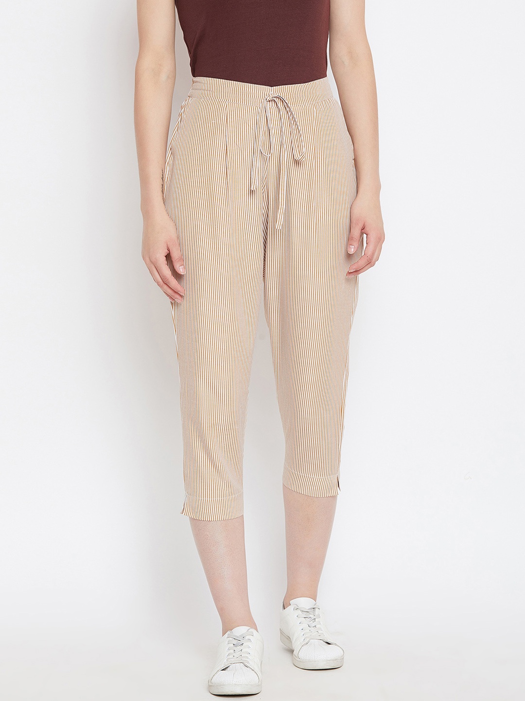 

Bitterlime Women Brown Relaxed Regular Fit Striped Peg Trousers