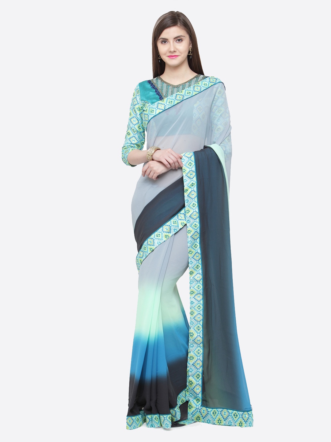 

Shaily Blue & Off-White Pure Georgette Dyed Saree