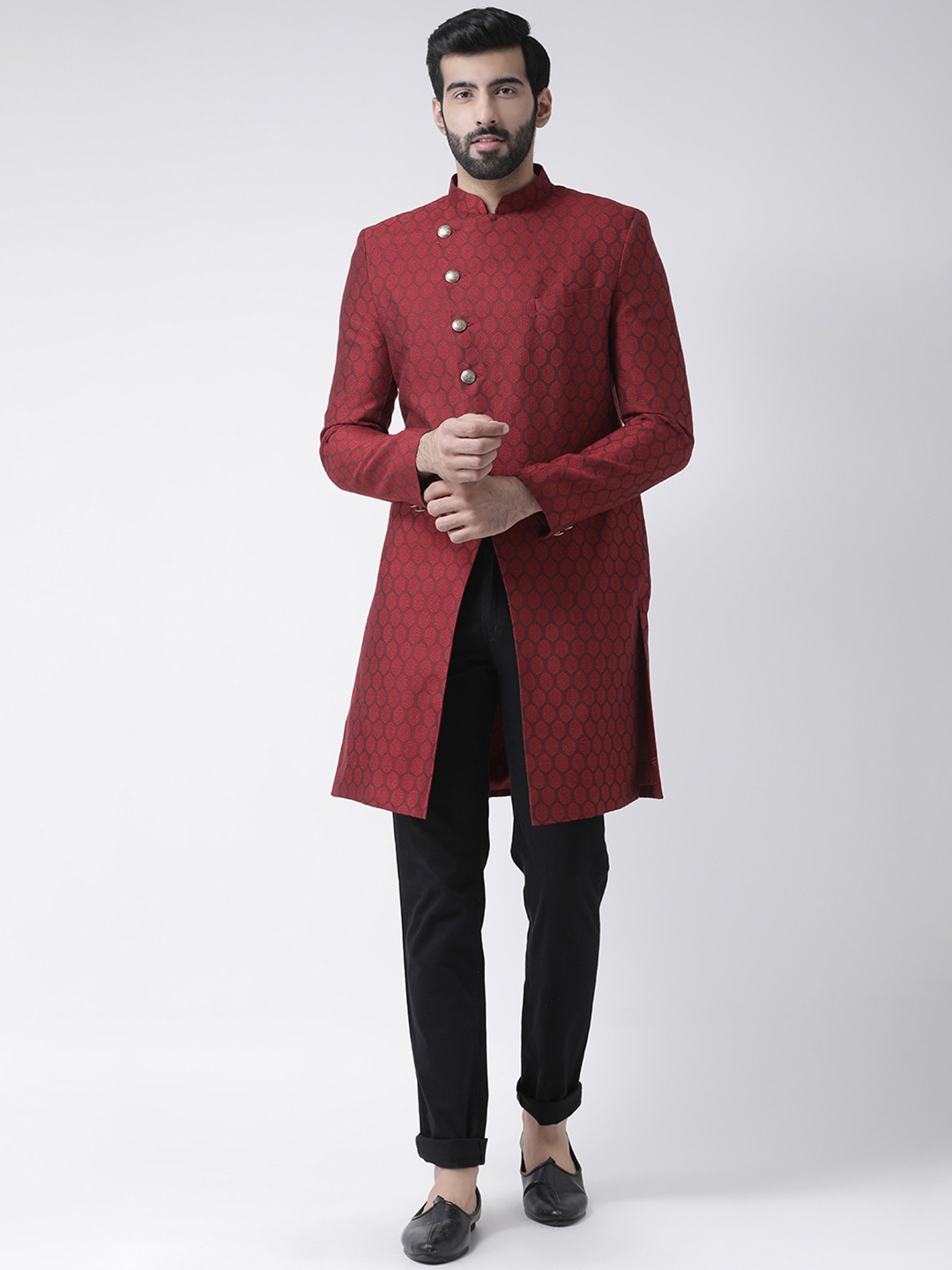 

KISAH Men Woven Design Indowestern Sherwani, Red