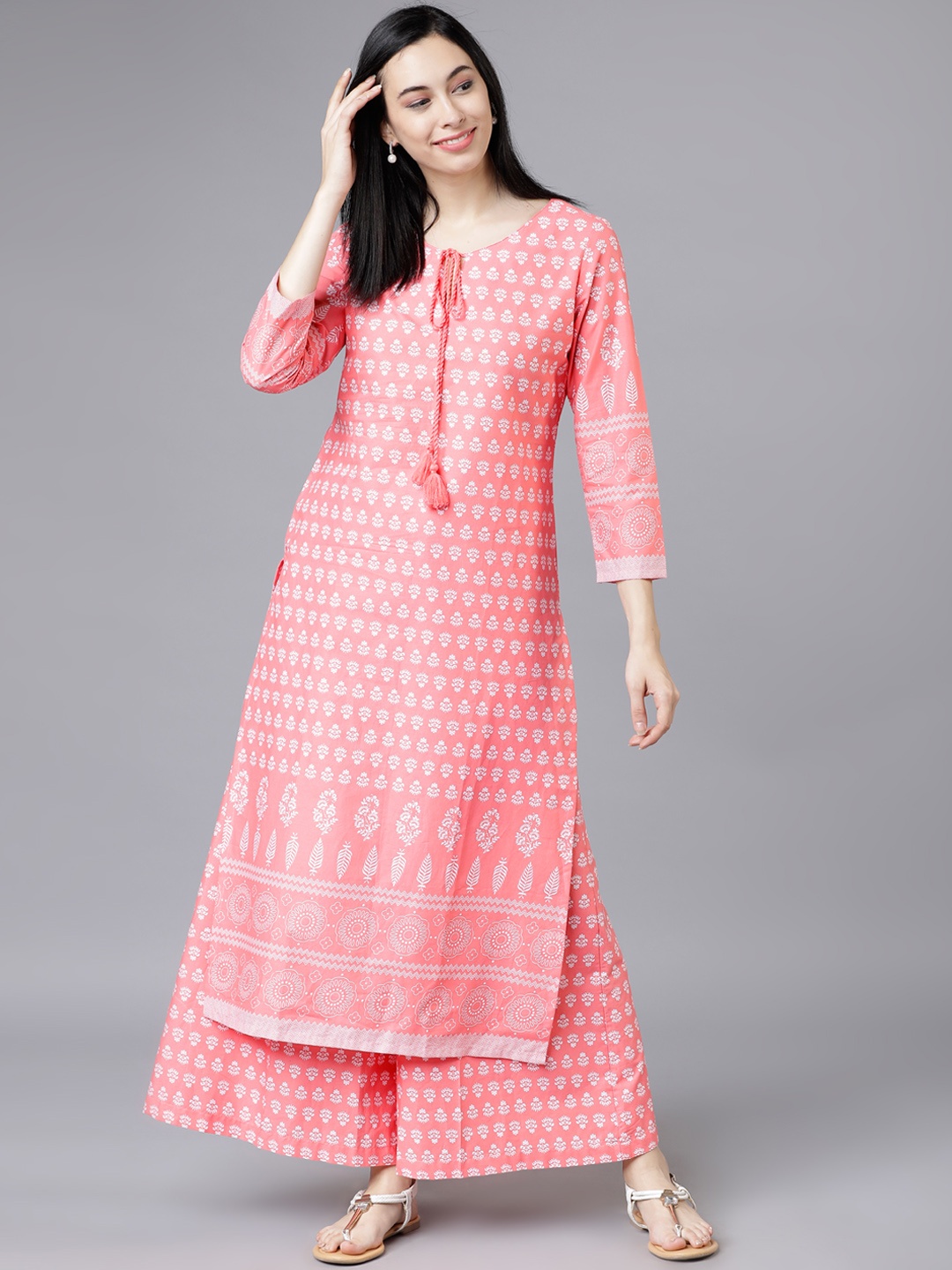 Vishudh Women Pink & Off-White Printed Kurta with Palazzos