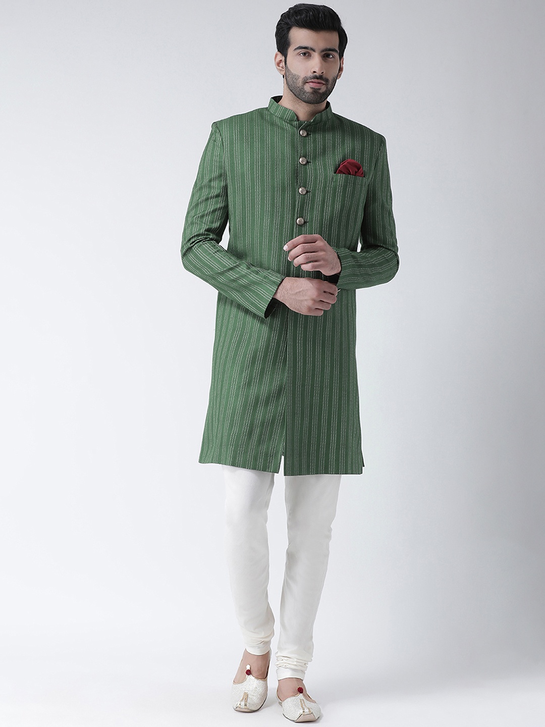

KISAH Men Striped Indowestern Sherwani, Green