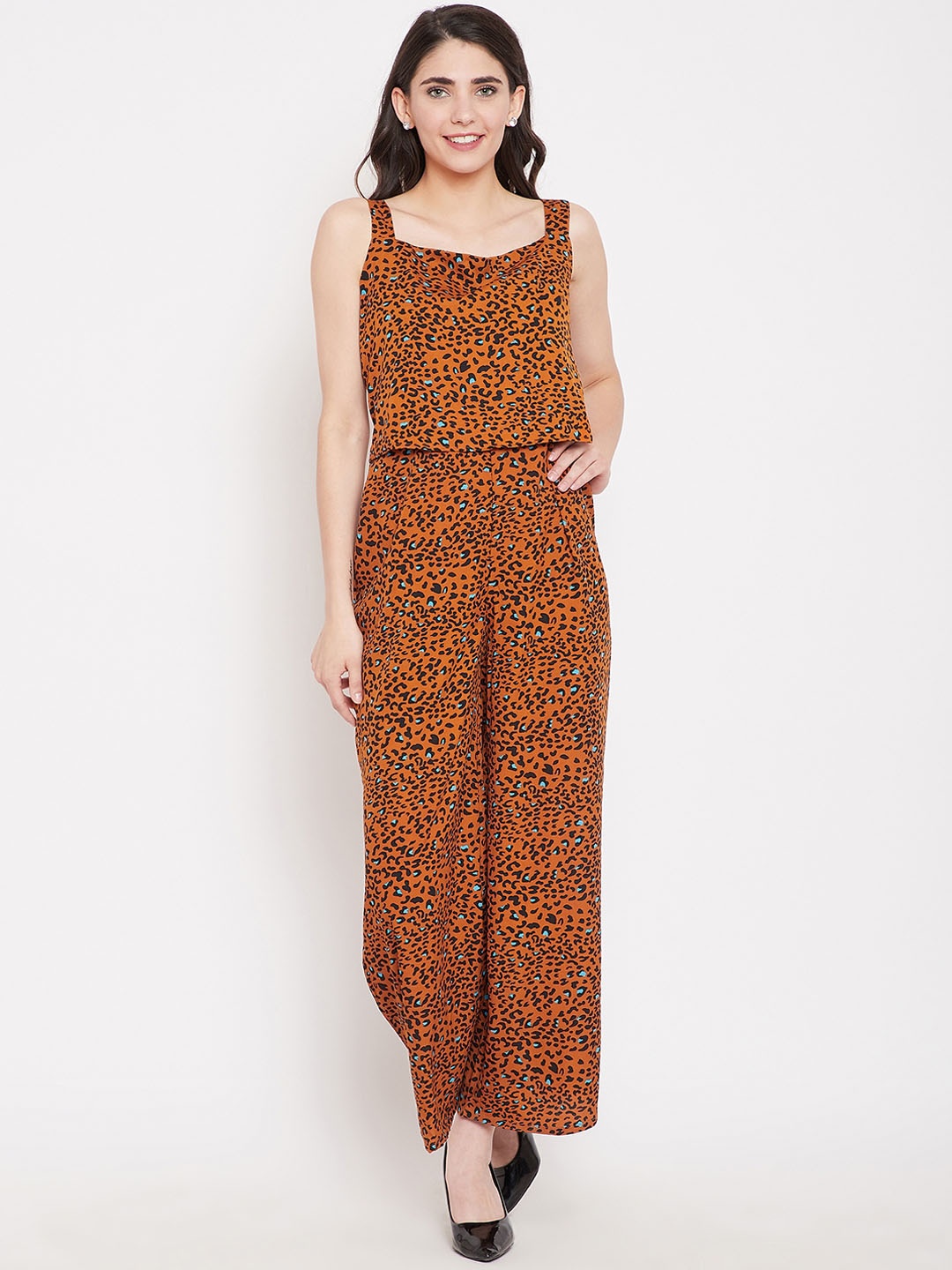

Ruhaans Rust Brown & Black Printed Basic Jumpsuit