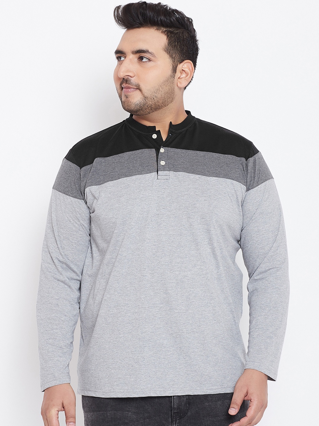 

bigbanana Plus Size Men Grey Colourblocked Henley Neck T-shirt