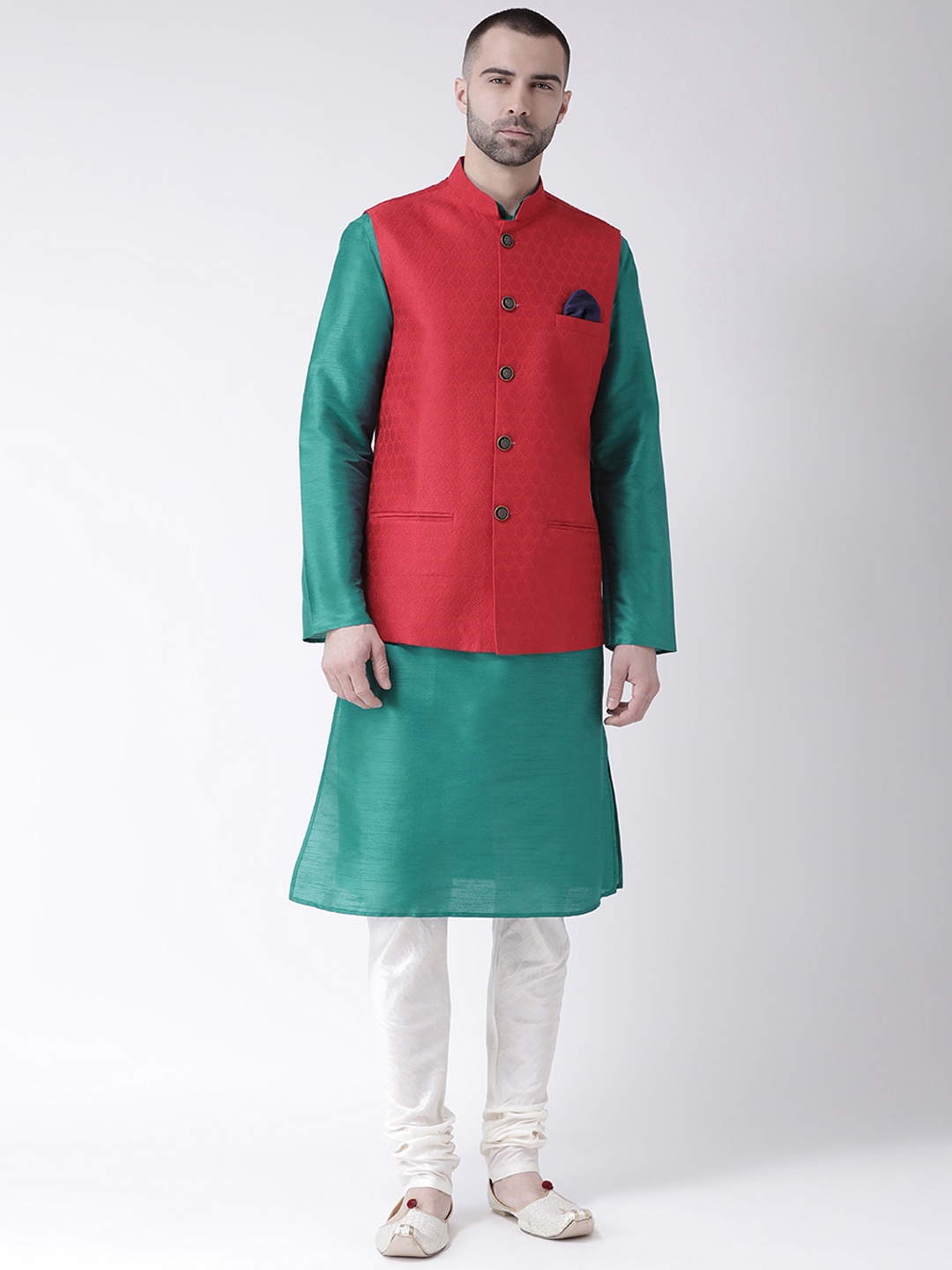 

KISAH Men Green & White Self Design Kurta with Churidar & Nehru Jacket