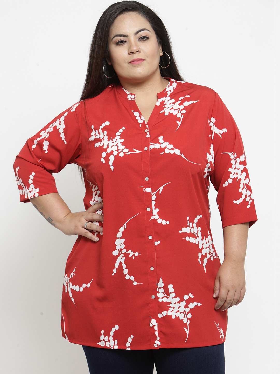 

plusS Red & Off-White Printed Tunic