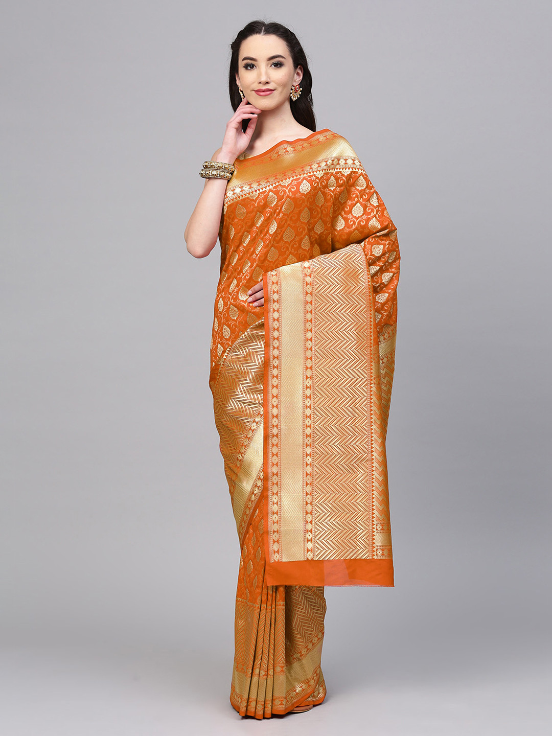 

Chhabra 555 Orange & Gold-Toned Art Silk Woven Design Banarasi Saree