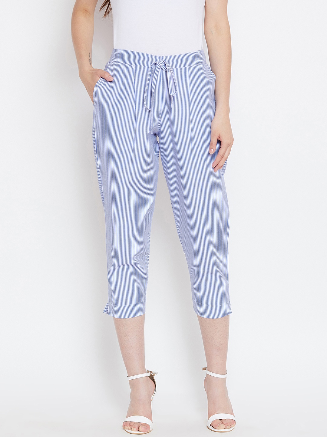 

Bitterlime Women Blue Relaxed Regular Fit Striped Peg Trousers