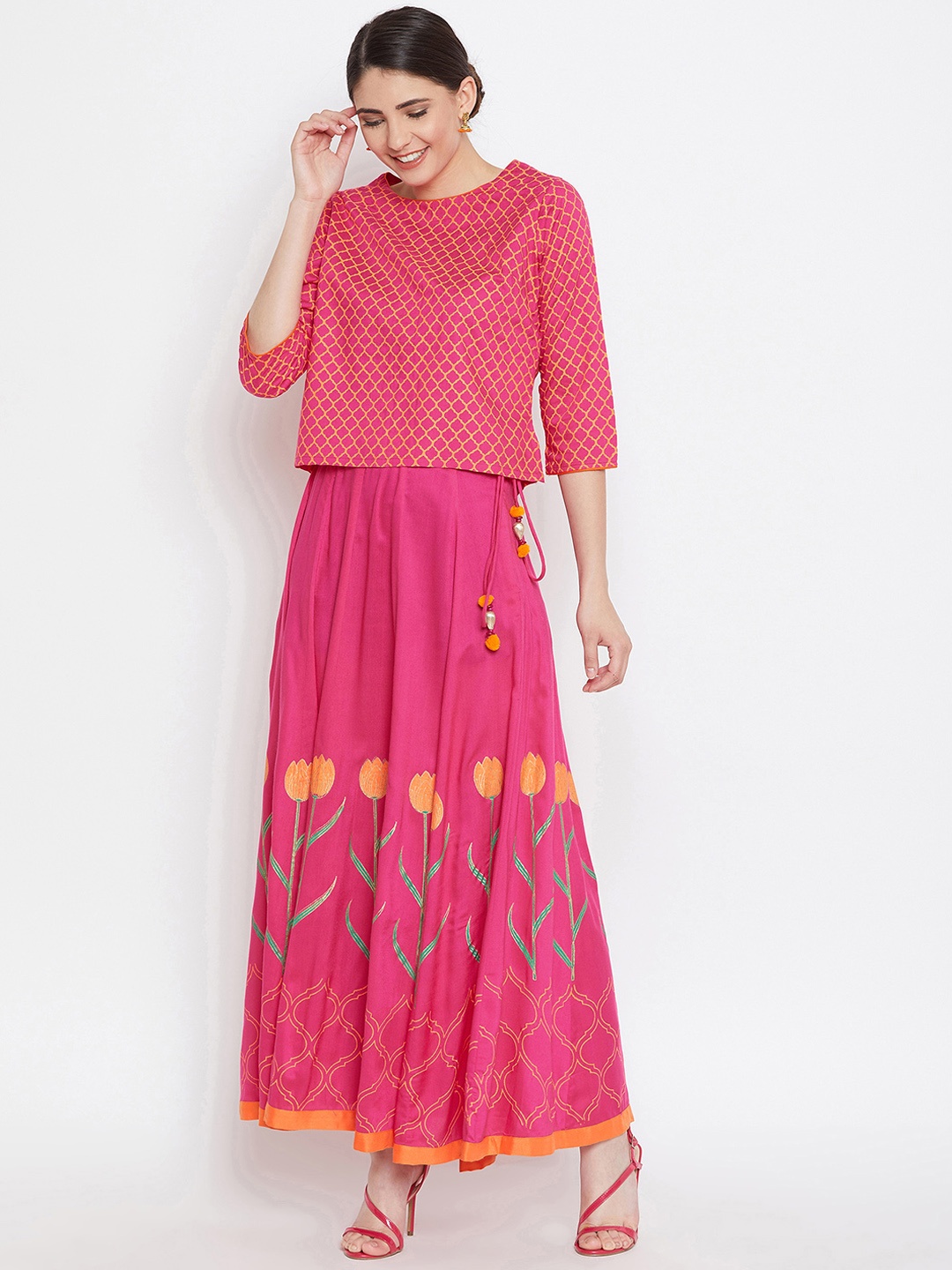 

Bitterlime Women Pink & Gold-Coloured Self Design Top with Skirt