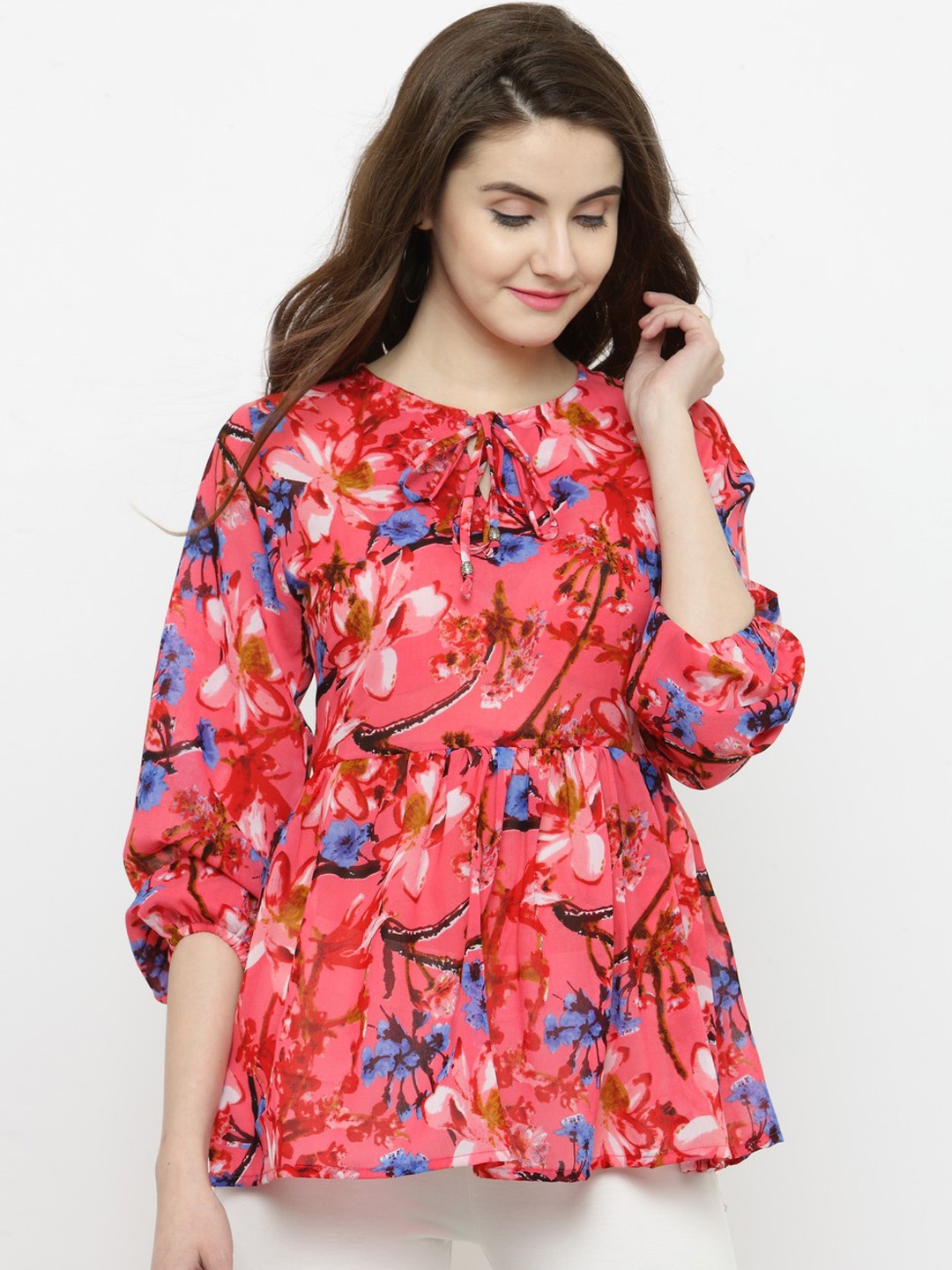 

Sera Women Coral Pink & Blue Printed Empire Top