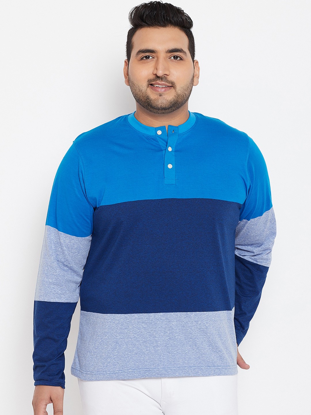

bigbanana Plus Size Men Blue Colourblocked Henley Neck Pure Cotton T-shirt