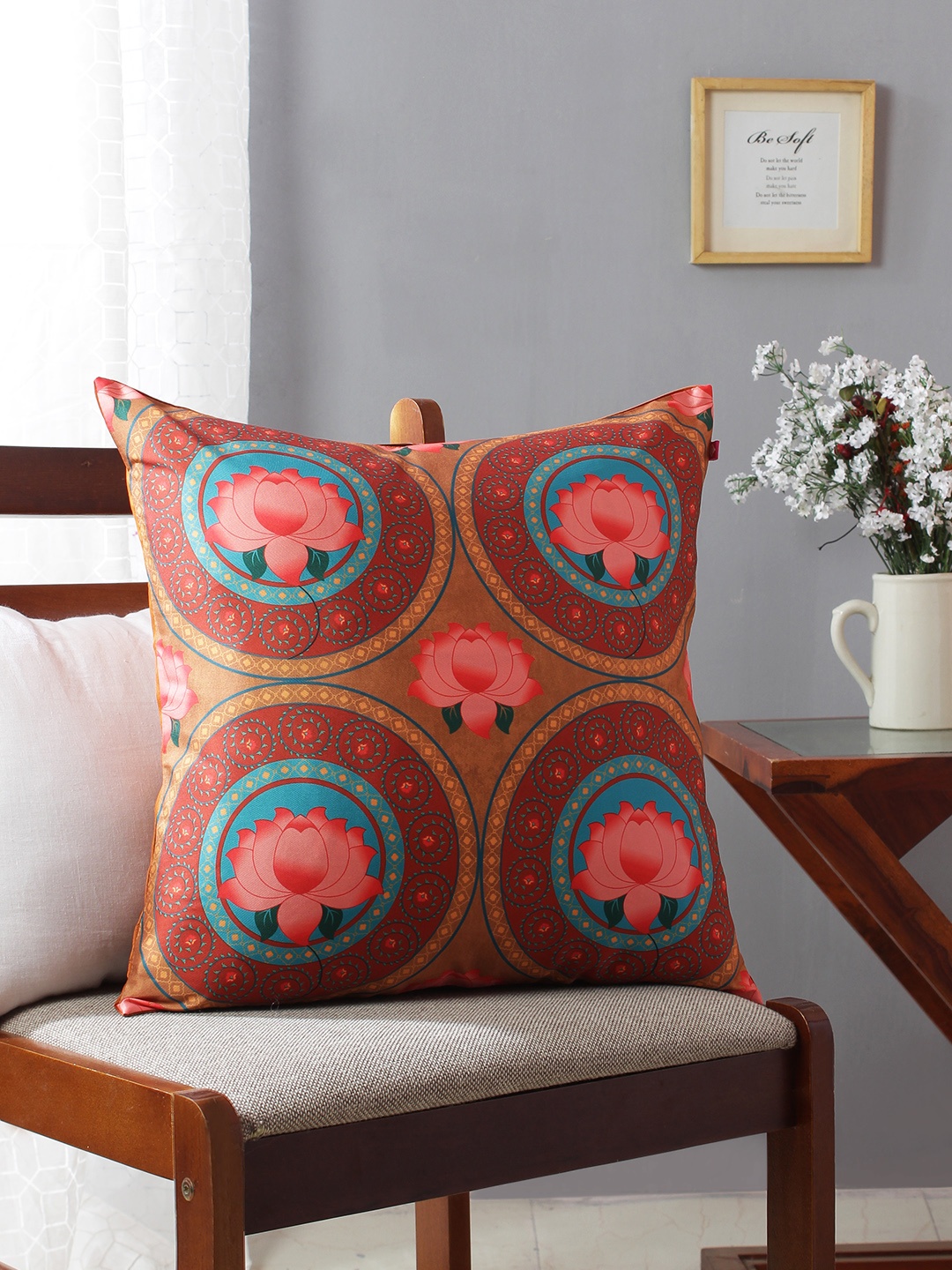 

India Circus by Krsnaa Mehta Brown Floral Printed Single Square Cushion Cover