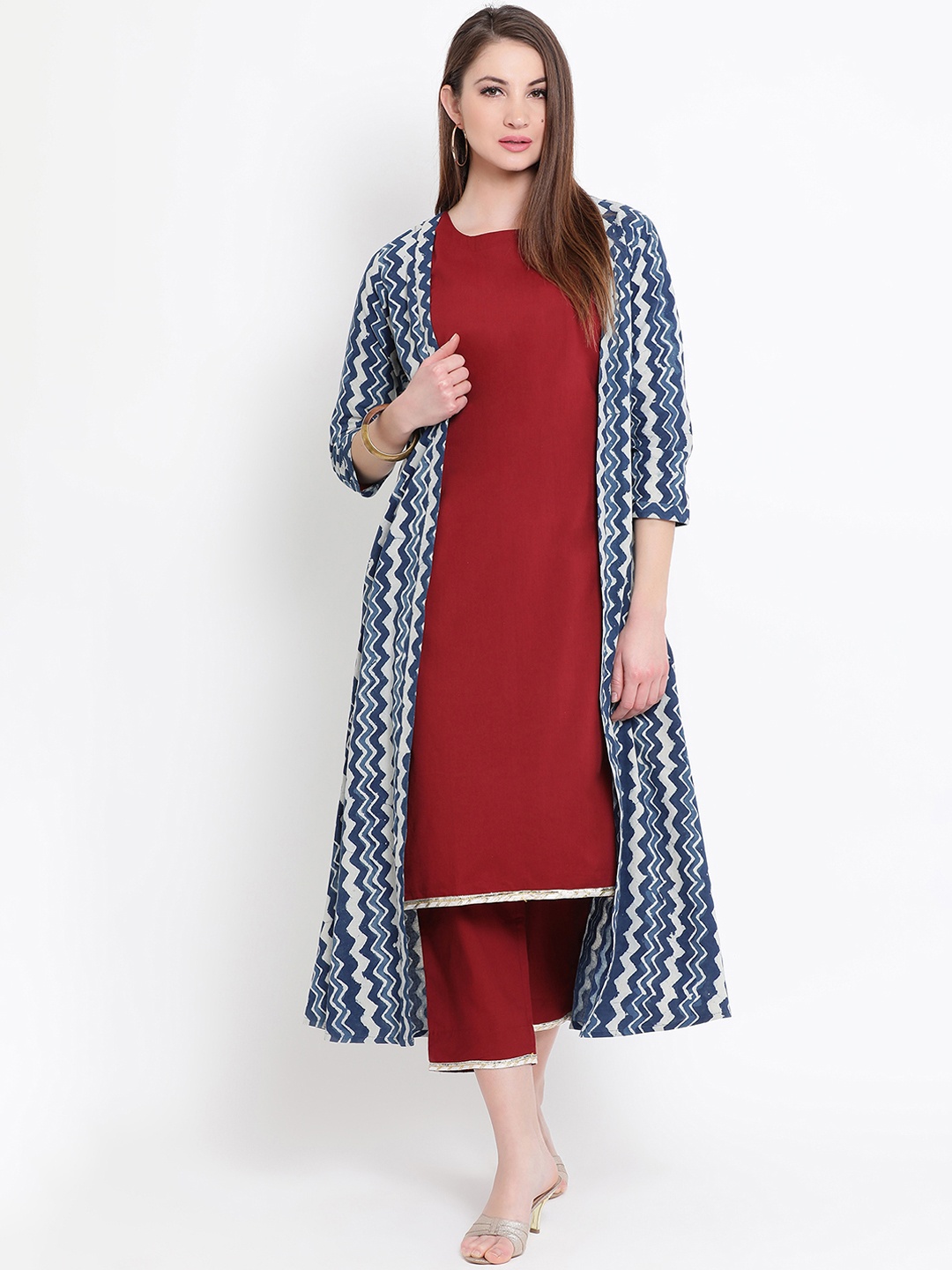 FABNEST Blue & White Printed Open Front Shrug