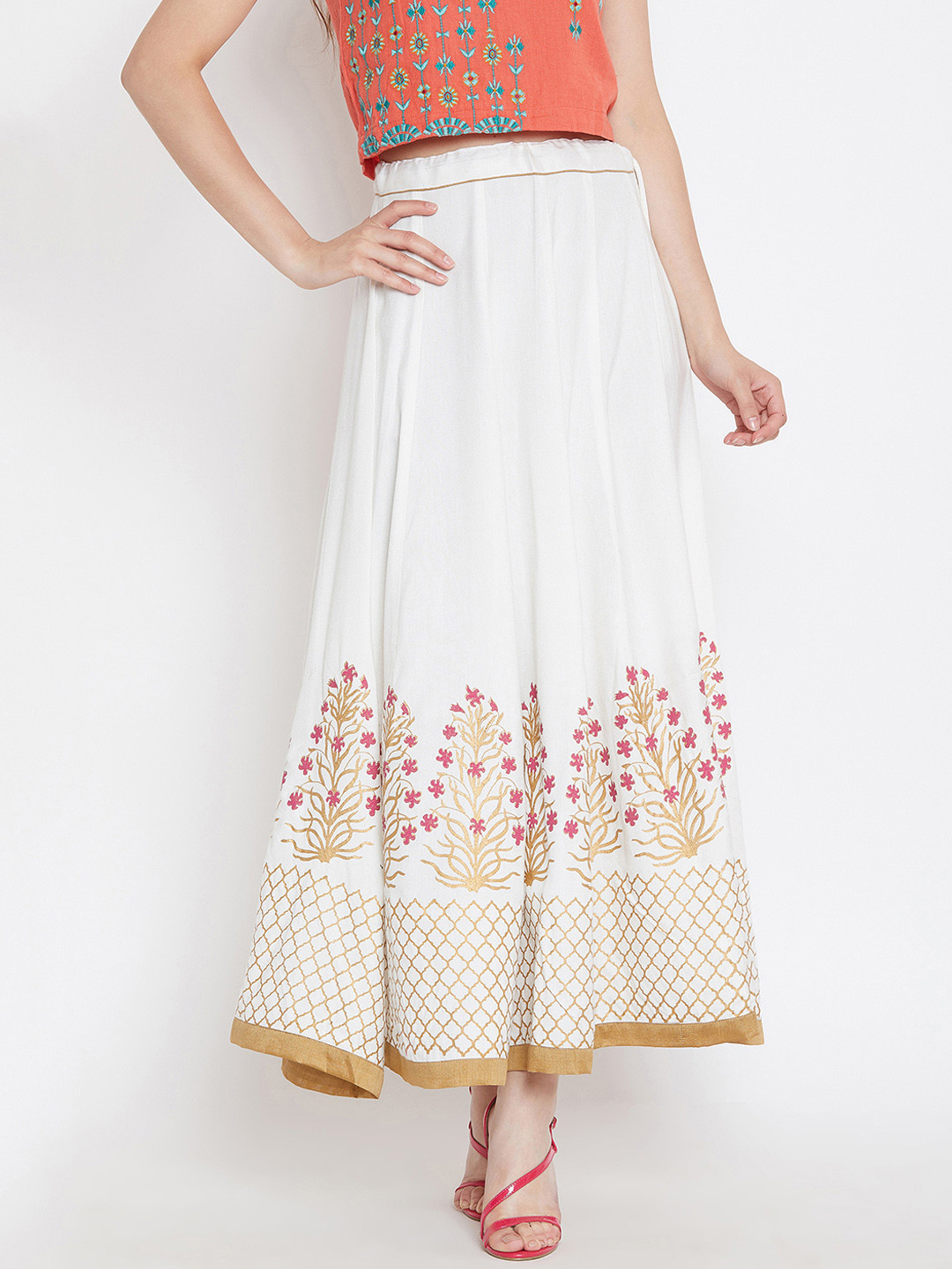 

Bitterlime Women White Block Print Flared Maxi Skirt