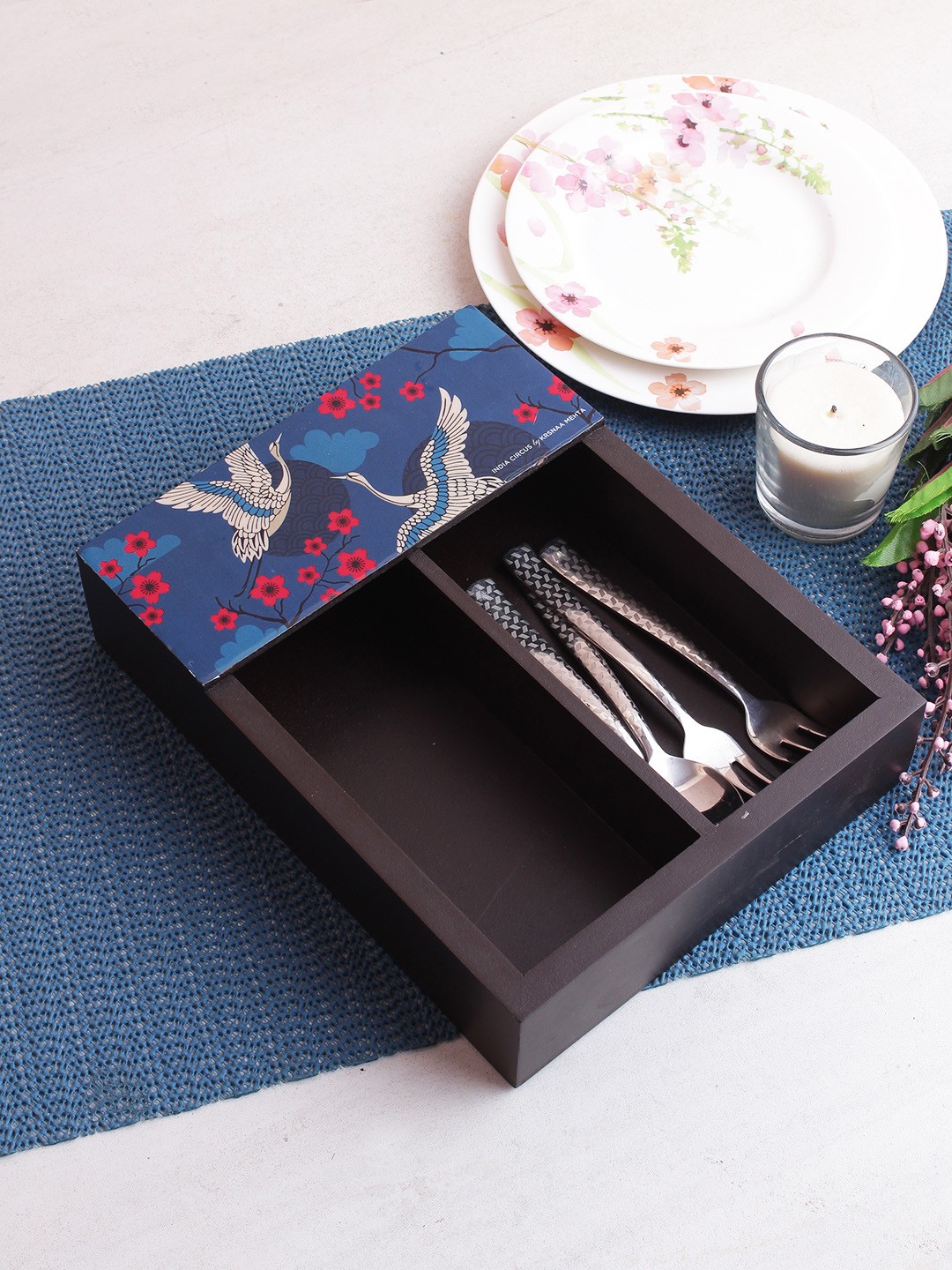 

India Circus by Krsnaa Mehta Blue & Brown Printed Wooden Cutlery Holder