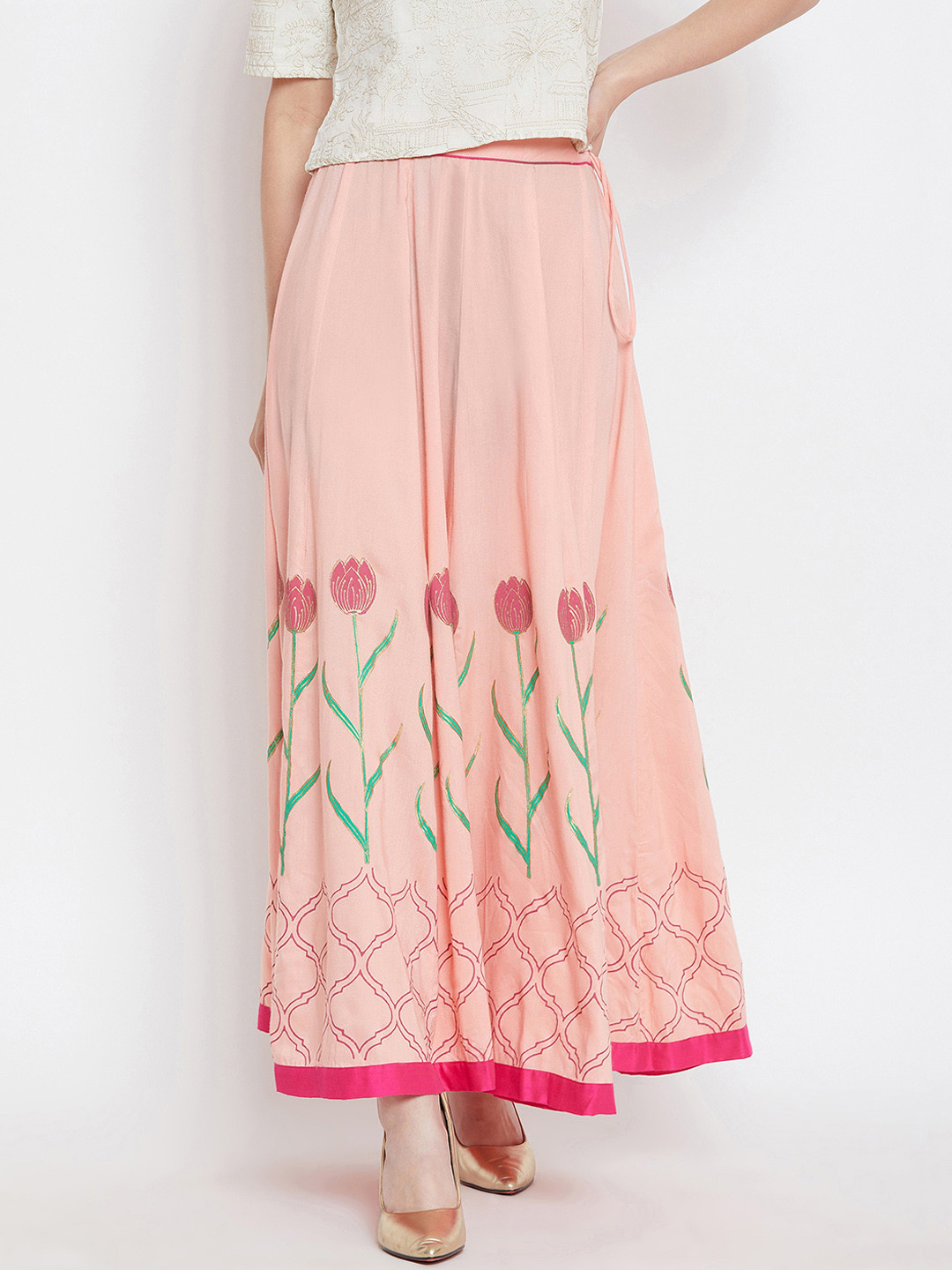 

Bitterlime Women Pink Block Print Flared Maxi Skirt