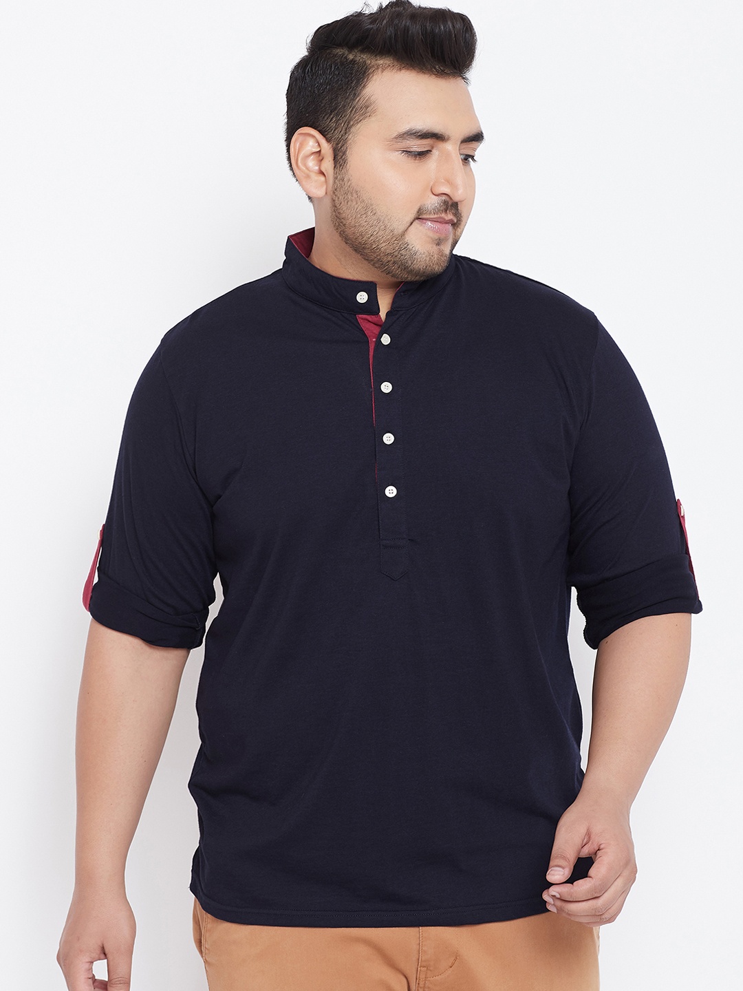 

bigbanana Plus Size Men Navy Blue Solid Henley Neck Pure Cotton T-shirt