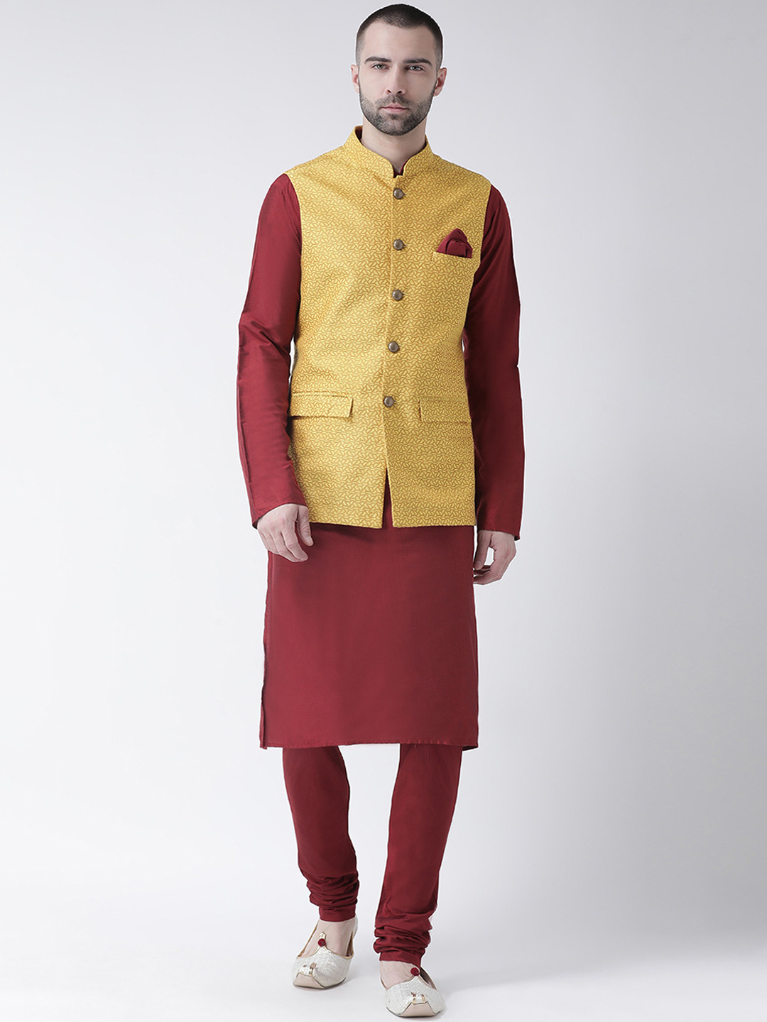 

KISAH Men Maroon Printed Churidar Kurta with Nehru Jacket