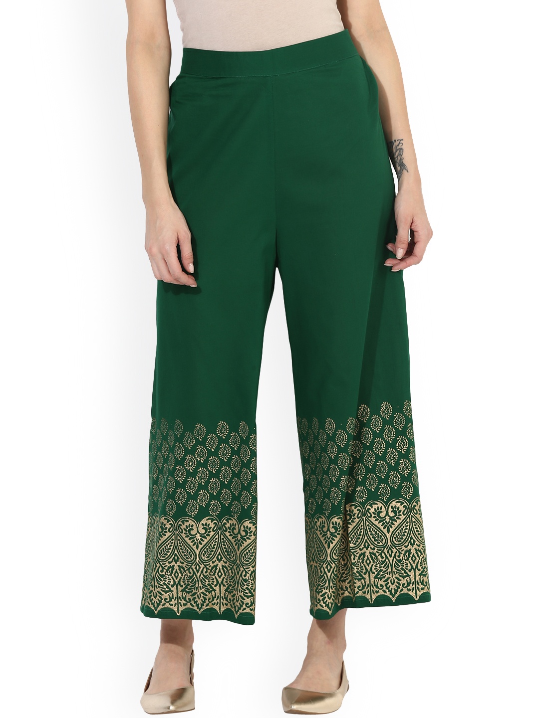 

MBE Women Green & Beige Printed Straight Palazzos