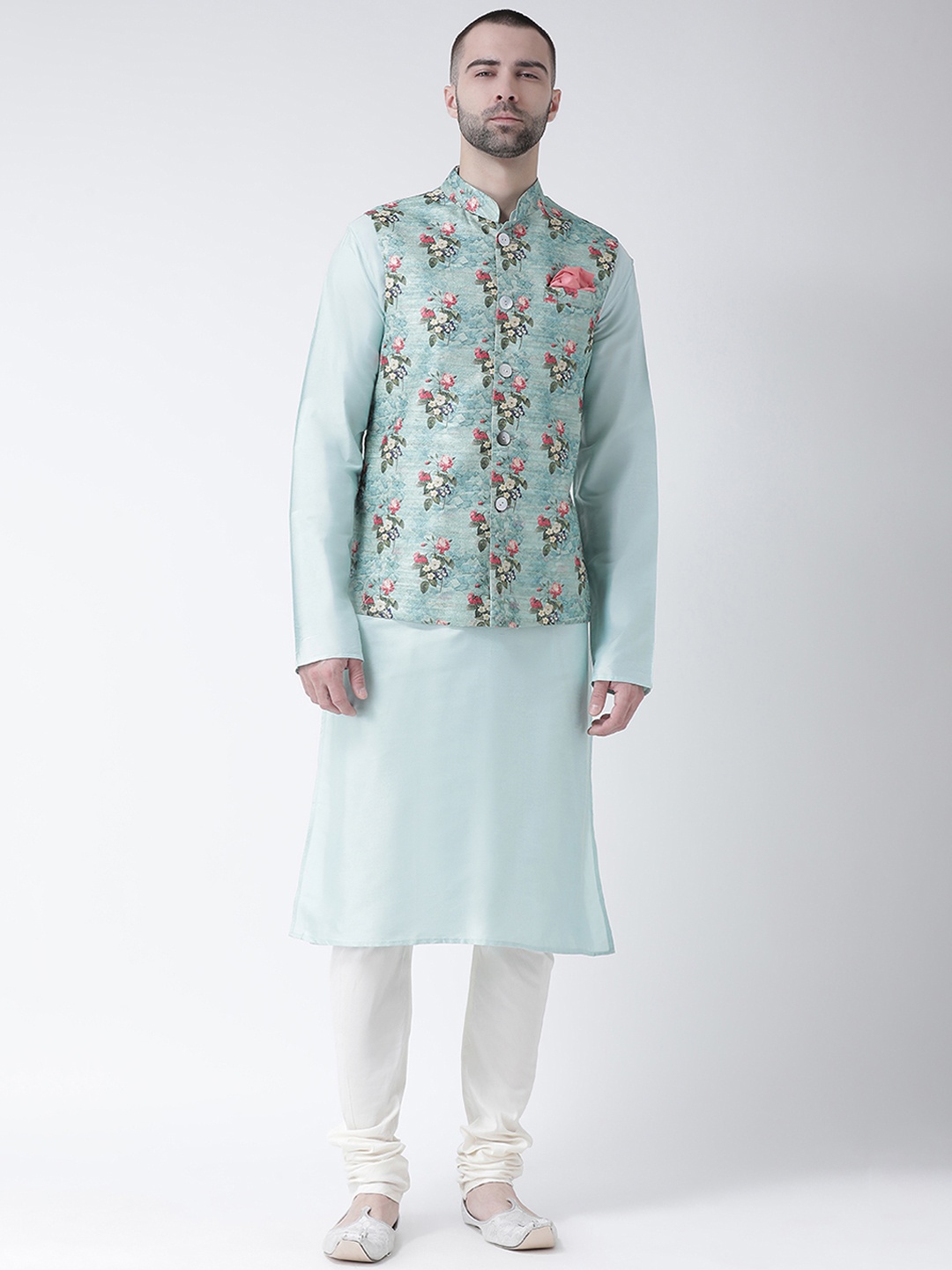 

KISAH Men Blue & Off-White Printed Churidar Kurta with Nehru Jacket