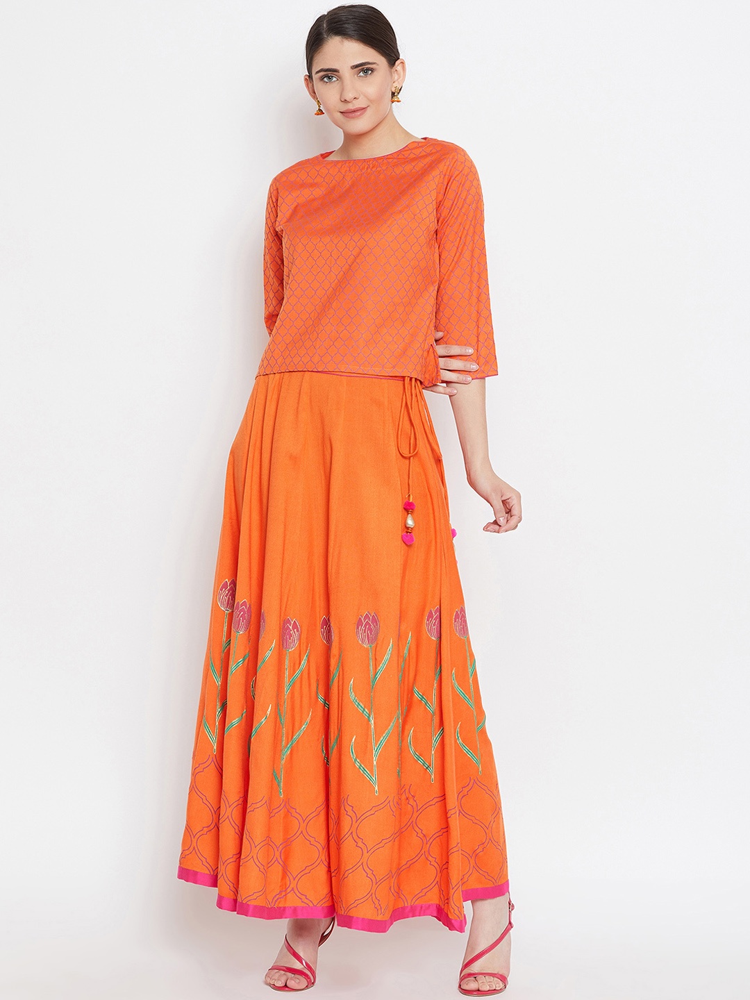 

Bitterlime Women Orange Checked Self Design Top with Skirt