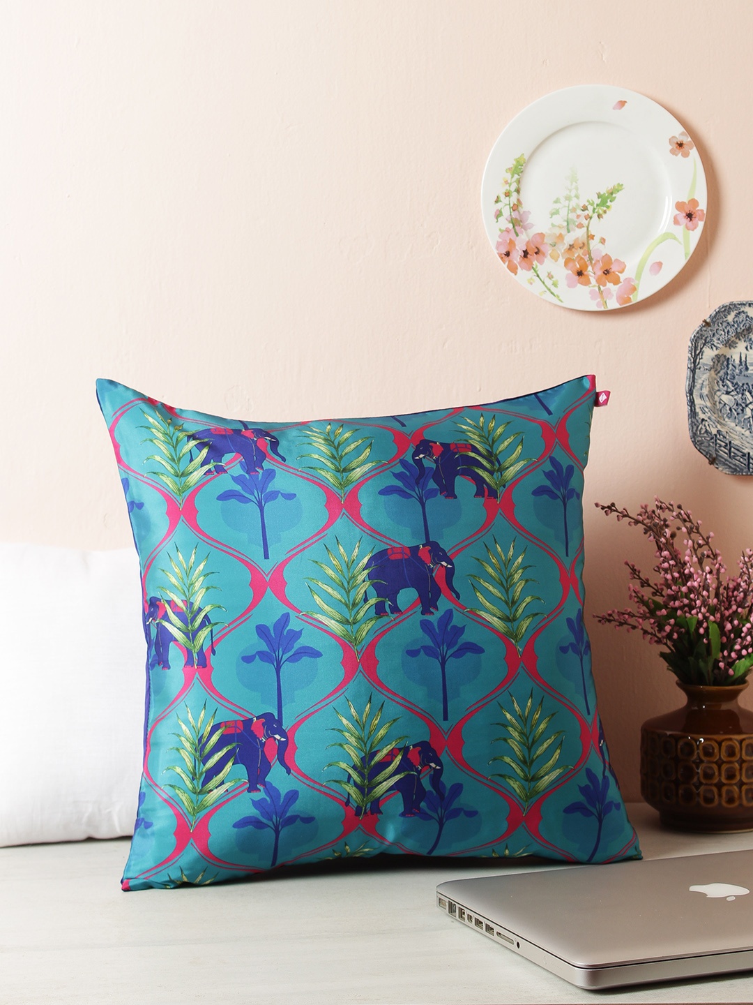 

India Circus by Krsnaa Mehta Teal Blue Floral Printed Single Square Cushion Cover