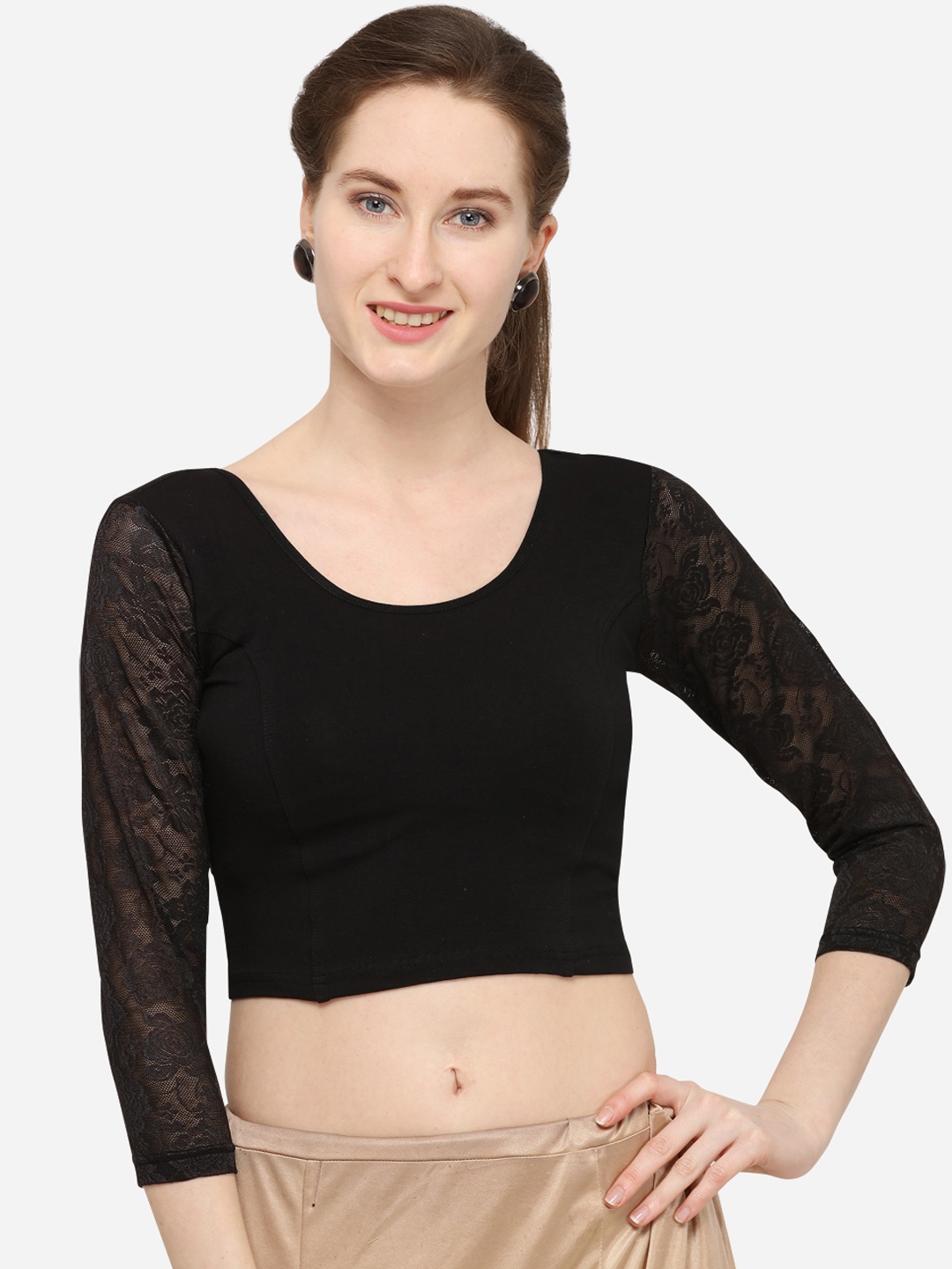 

Inddus Women Black Solid Saree Blouse with Lace Detailing