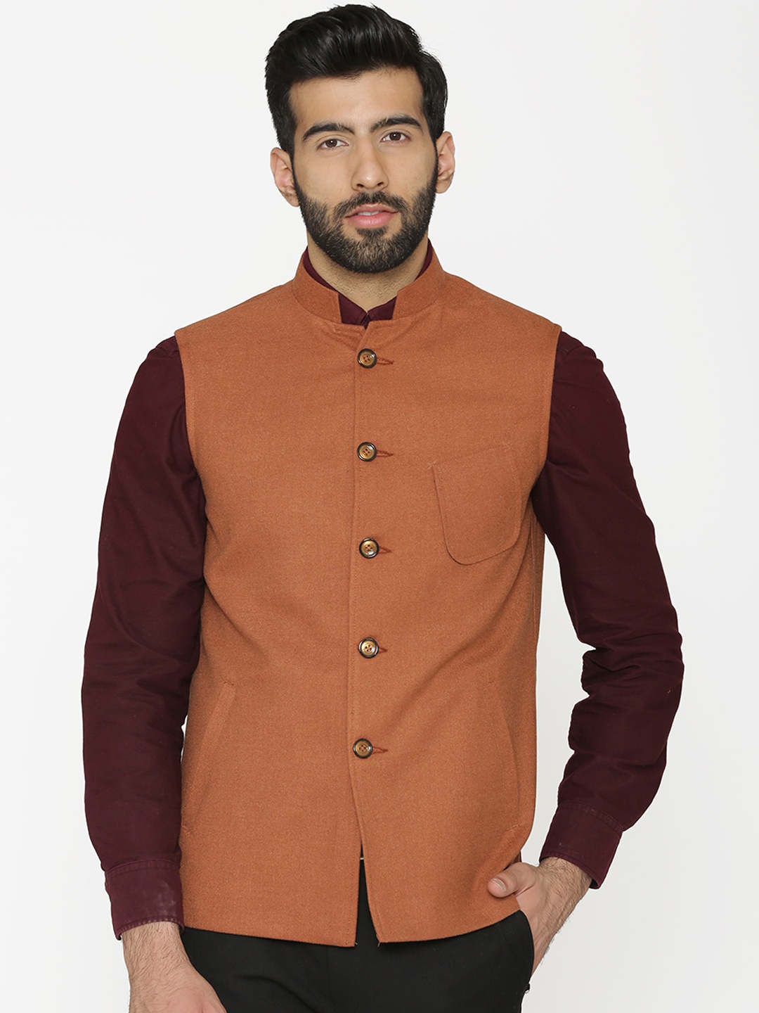 

Wintage Men Rust Orange Woven Design Nehru Jacket