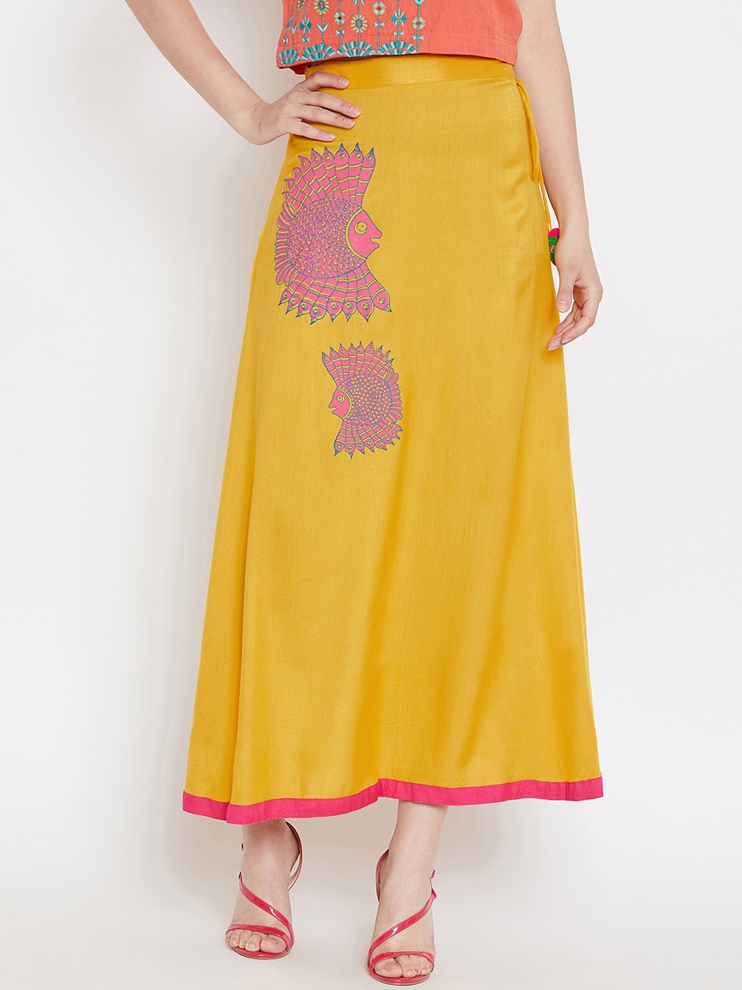 

Bitterlime Women Mustard Yellow Block Print Flared Maxi Skirt