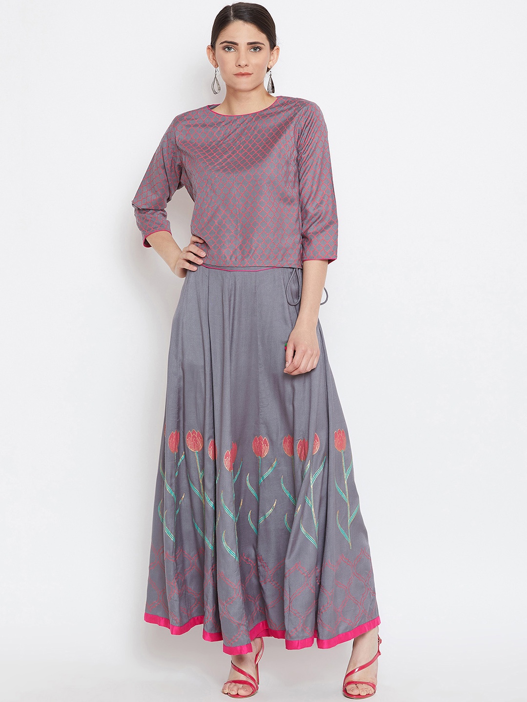 

Bitterlime Women Grey & Pink Self Design Top with Skirt