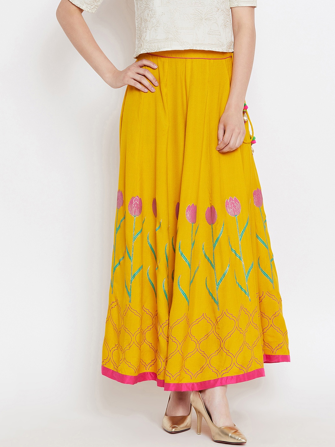 

Bitterlime Women Mustard Yellow Block Print Flared Maxi Skirt
