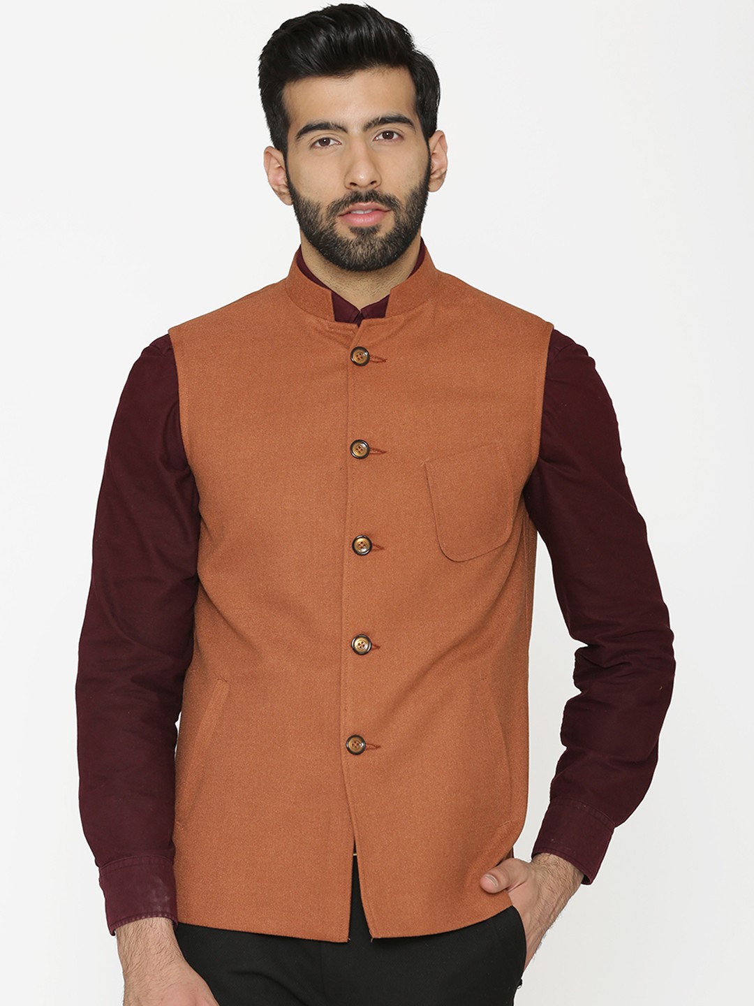 

Wintage Men Rust Orange Woven Design Nehru Jacket