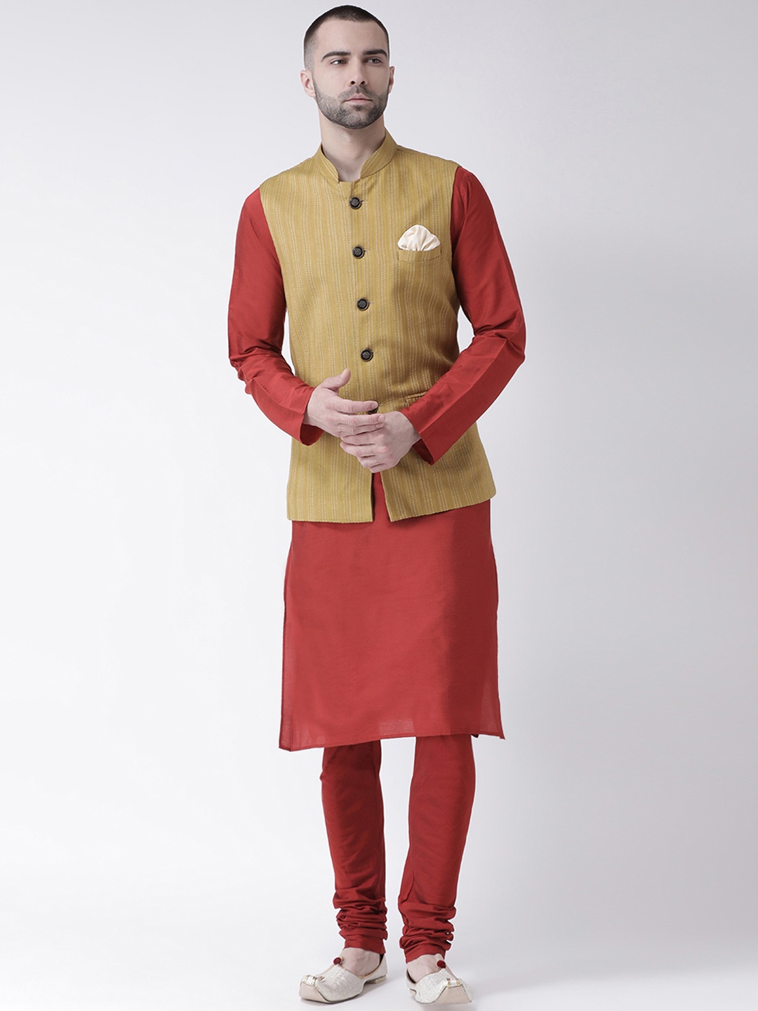 

KISAH Men Beige Striped Kurta with Churidar & Nehru Jacket, Maroon