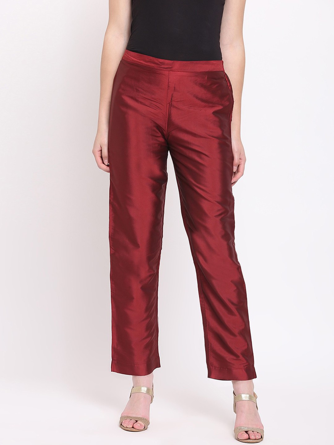 

RIVI Women Maroon Regular Fit Solid Silk Regular Trousers