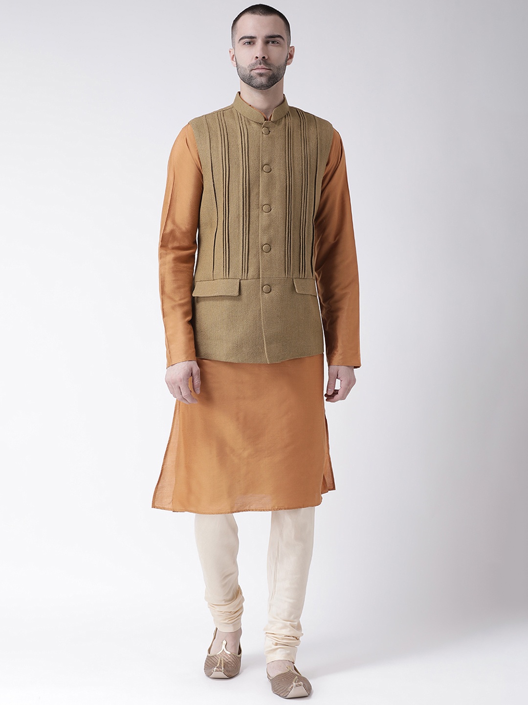 

KISAH Men Orange Solid Churidar Kurta with Nehru Jacket