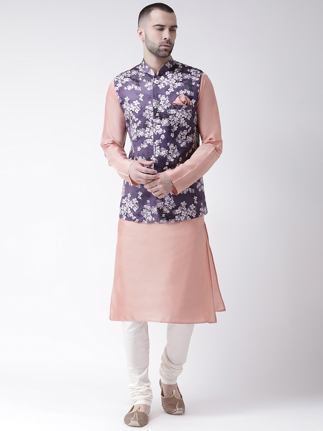 

KISAH Men Peach-Coloured & White Kurta with Churidar & Purple Printed Nehru Jacket