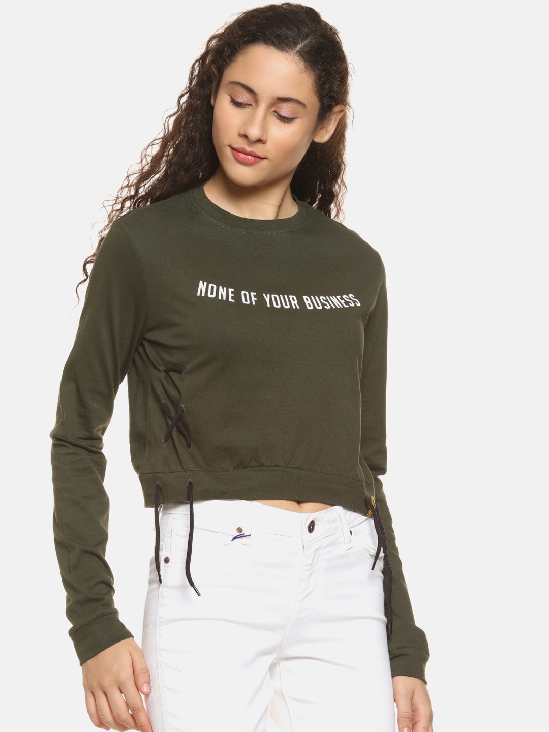 

Campus Sutra Women Olive Green Printed Pure Cotton Top