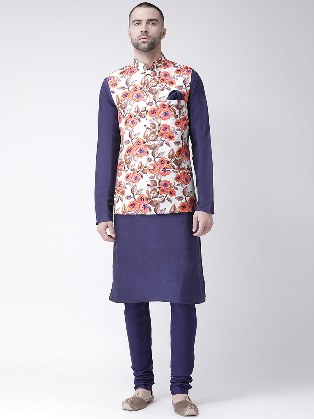 

KISAH Men Navy Blue Printed Kurta with Churidar & White Printed Nehru Jacket, Multi