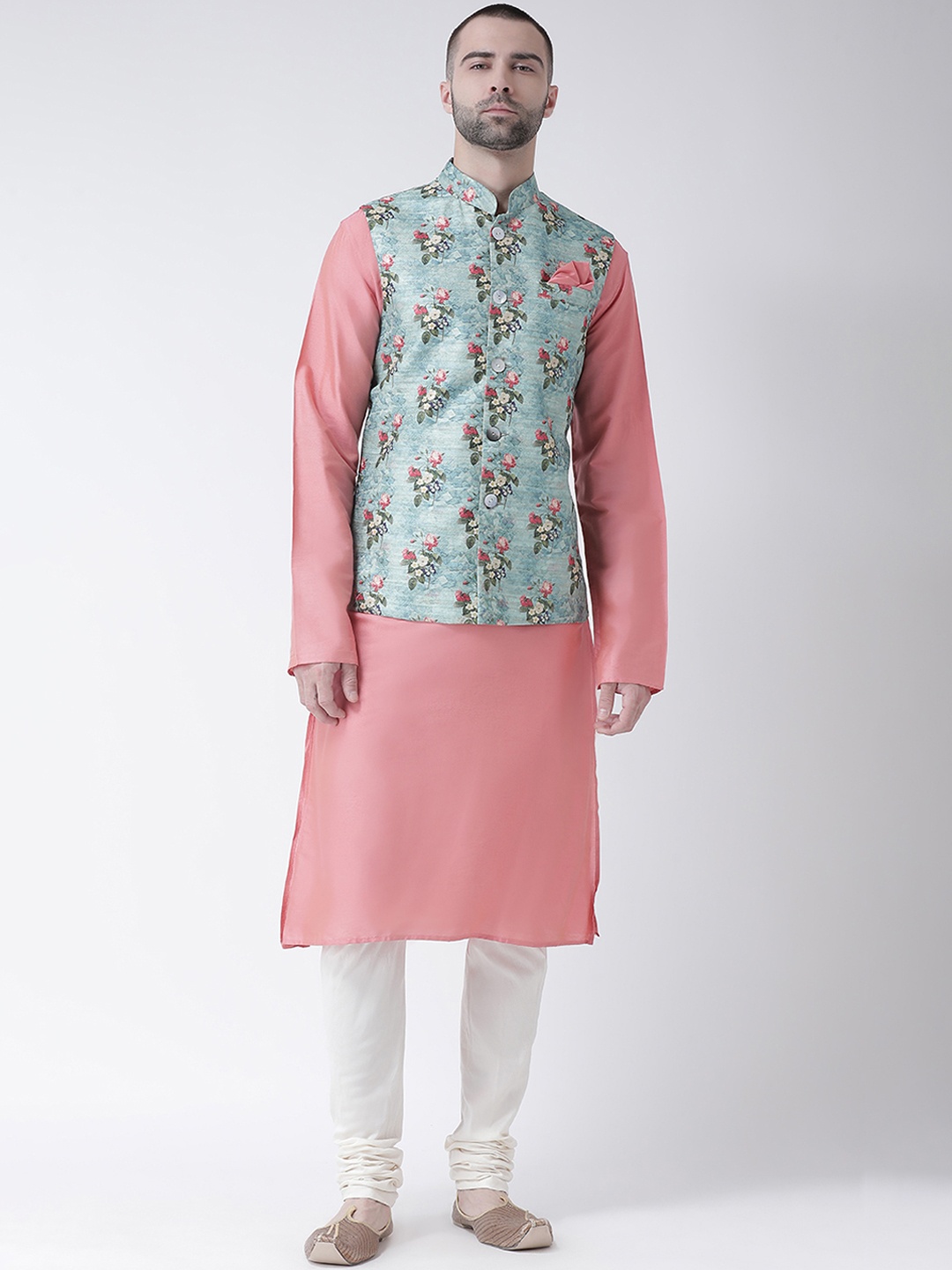 

KISAH Men Blue & Pink Printed Churidar Kurta with Nehru Jacket