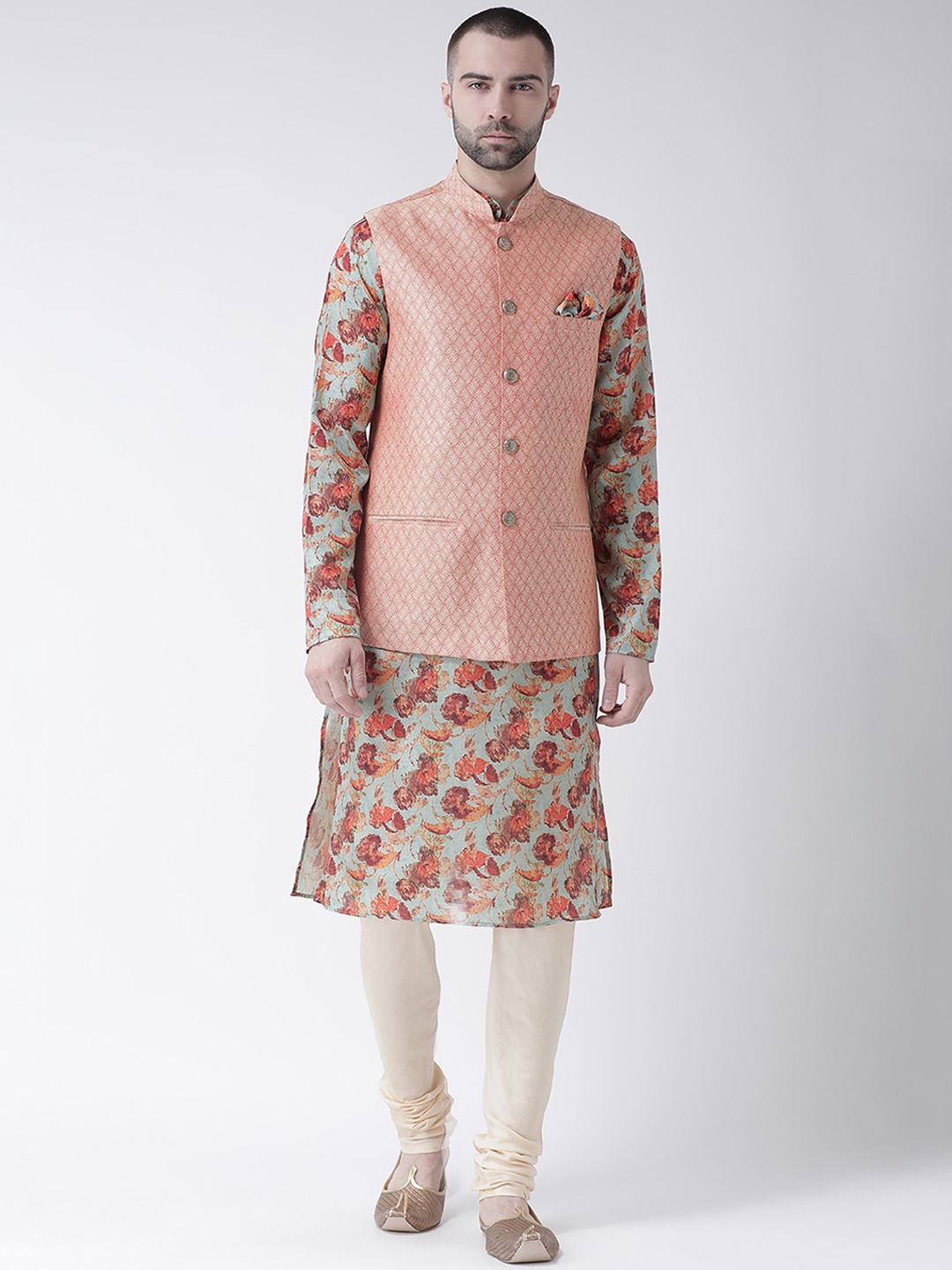 KISAH Men Rose Gold & Cream-Coloured Printed Kurta with Churidar & Nehru Jacket