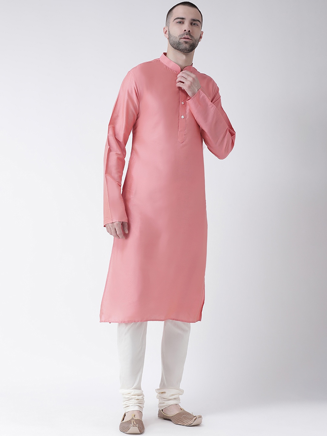 KISAH Men Peach-Coloured & White Solid Kurta with Churidar