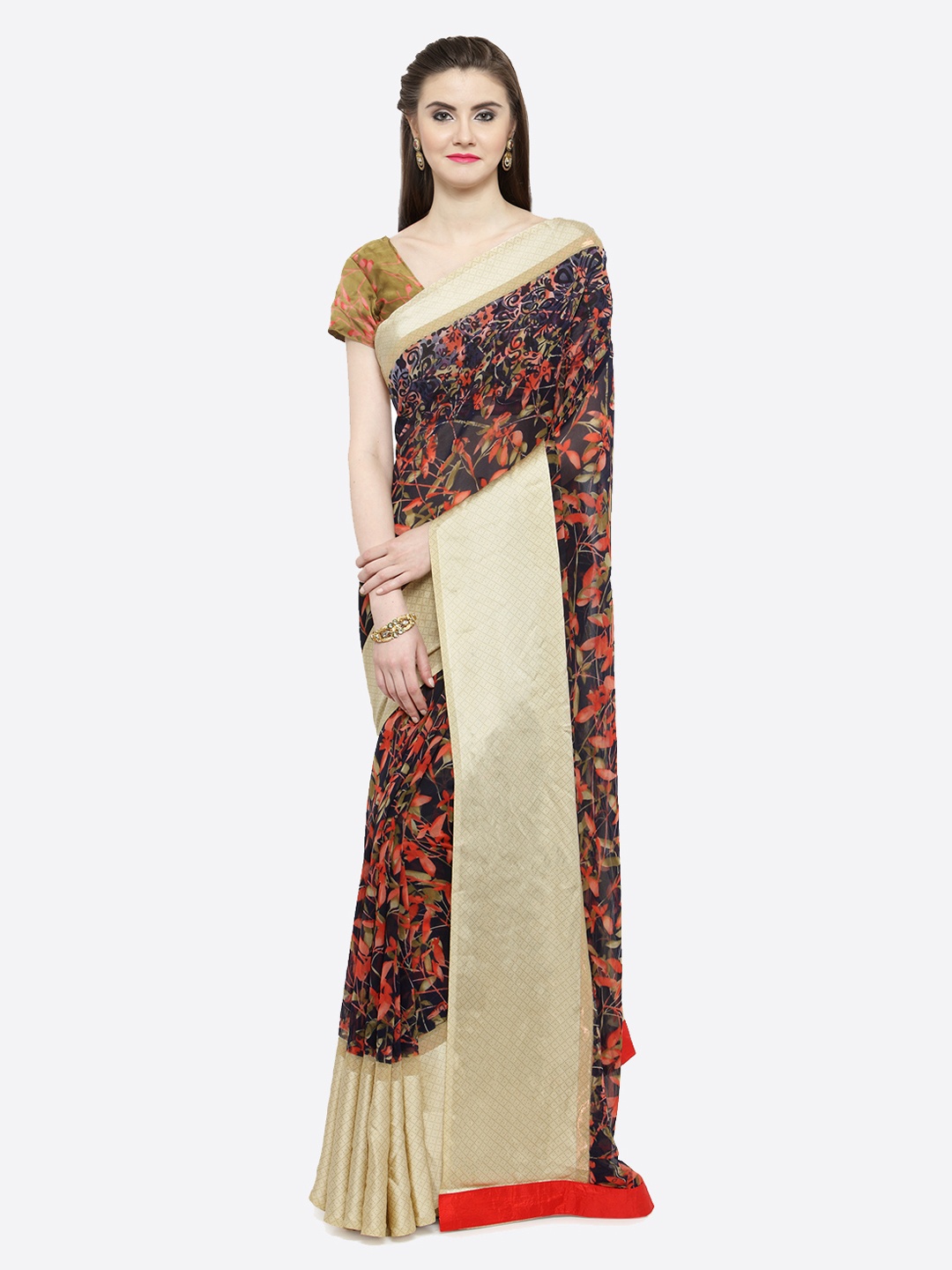 

Shaily Navy Blue & Cream-Coloured Pure Silk Printed Saree
